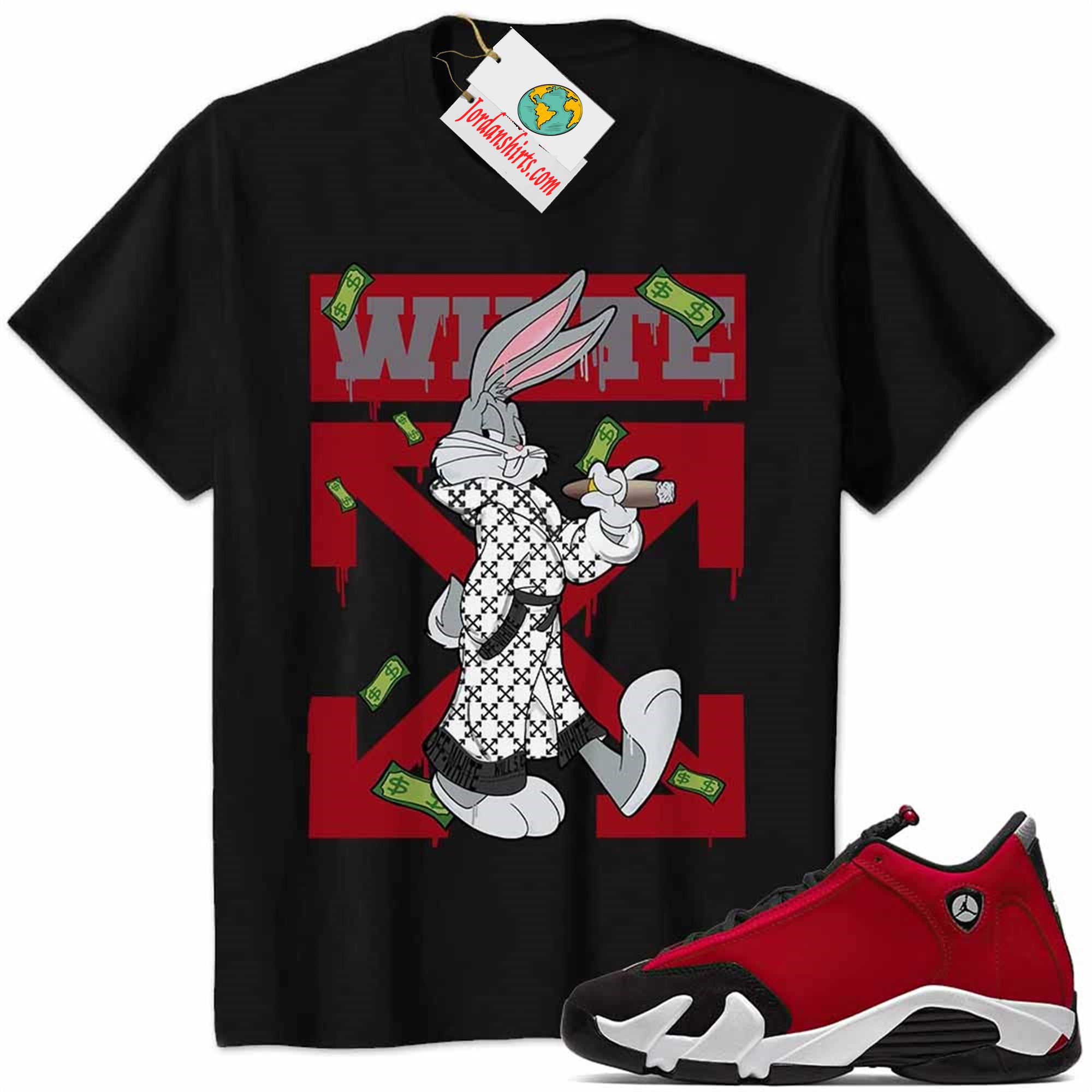 Jordan 14 Shirt, Jordan 14 Gym Red Shirt Bug Bunny Smokes Weed Money Falling Black Full Size Up To 5xl