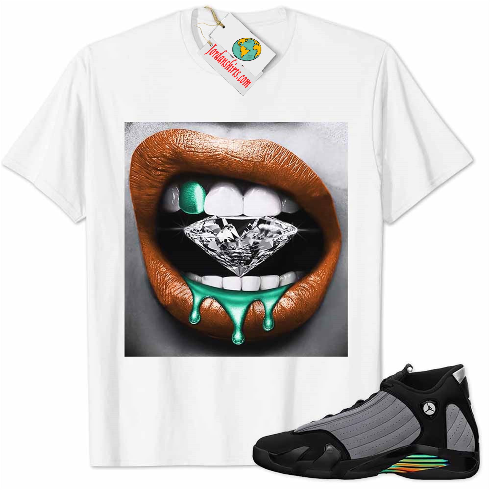 Jordan 14 Shirt, Jordan 14 Particle Grey Shirt Sexy Lip Bite Diamond Dripping White Size Up To 5xl