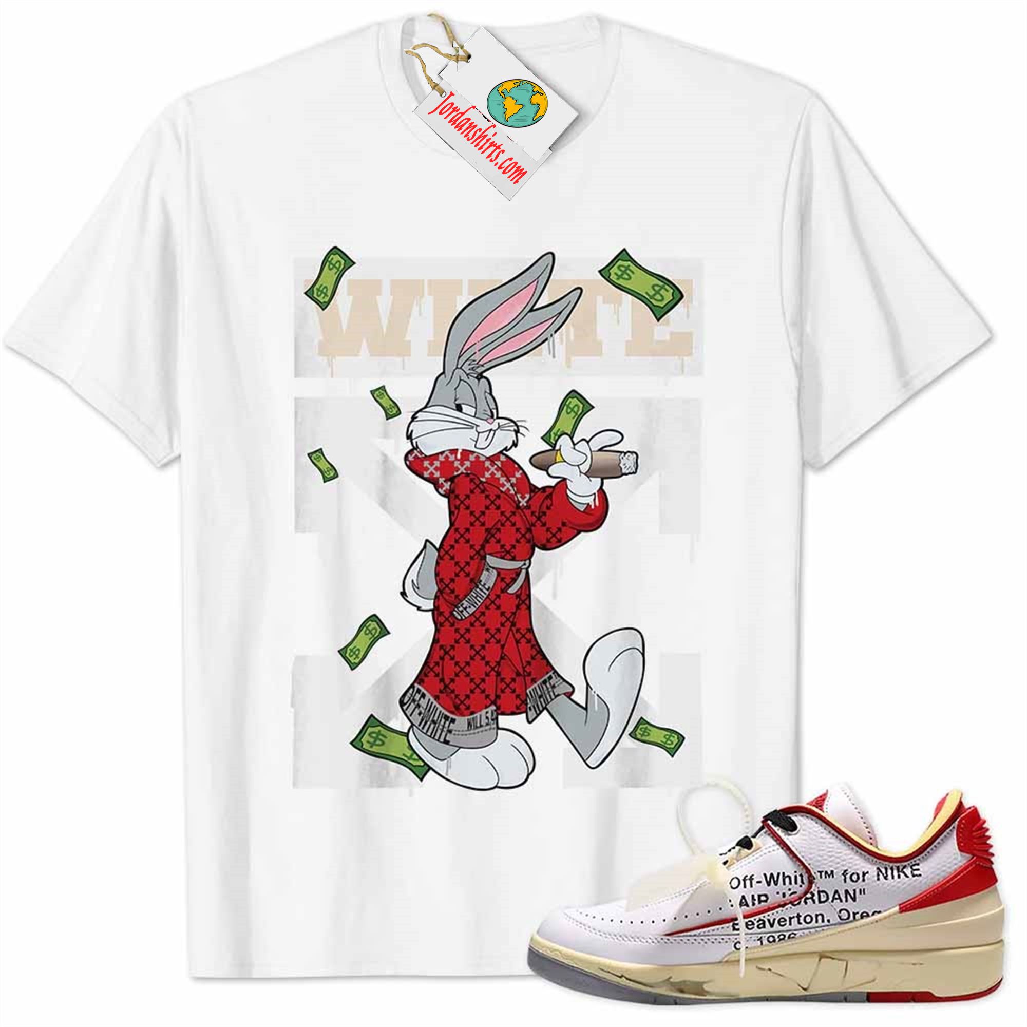 Jordan 2 Shirt, Jordan 2 Low White Red Off-white Shirt Bug Bunny Smokes Weed Money Falling White Size Up To 5xl