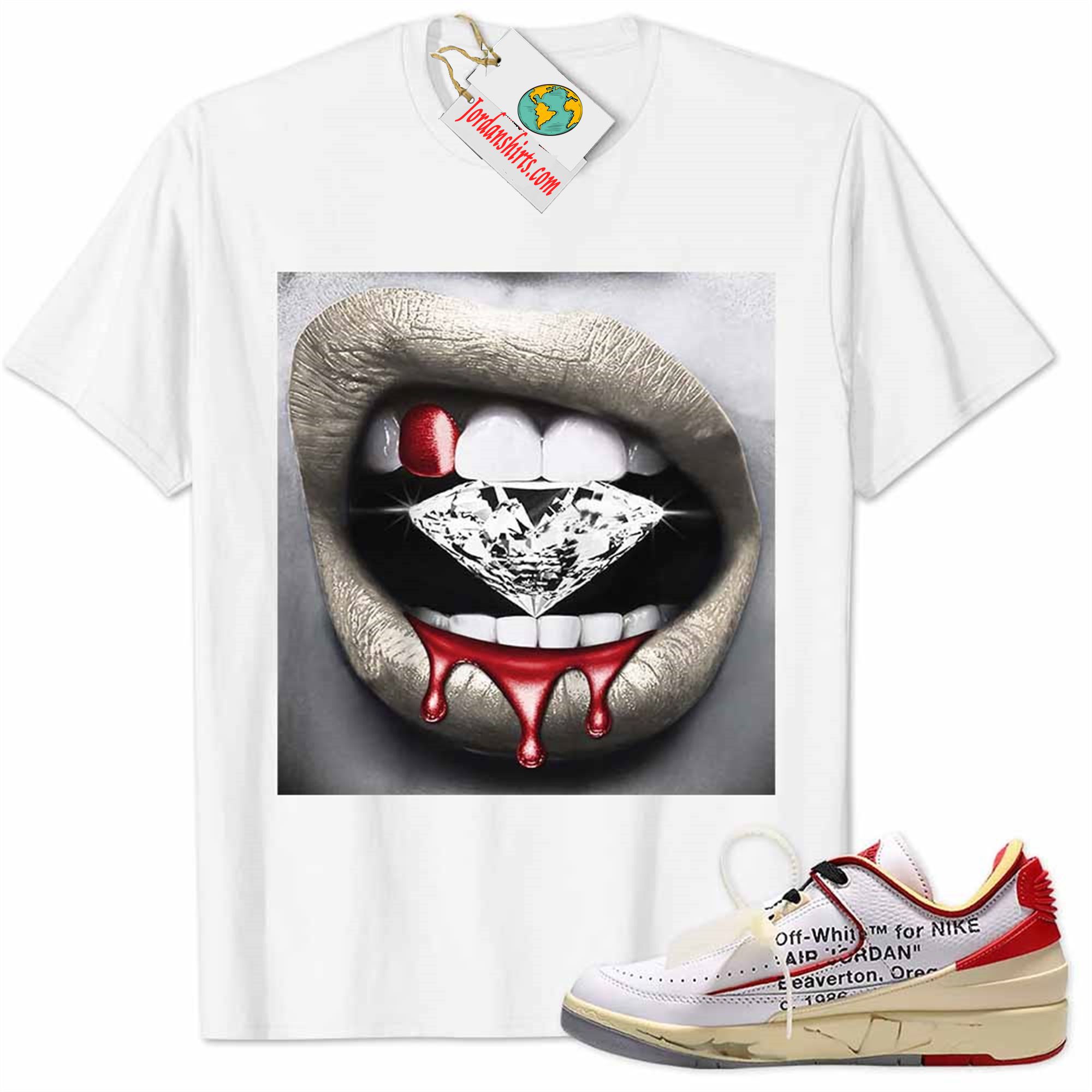 Jordan 2 Shirt, Jordan 2 Low White Red Off-white Shirt Sexy Lip Bite Diamond Dripping White Size Up To 5xl