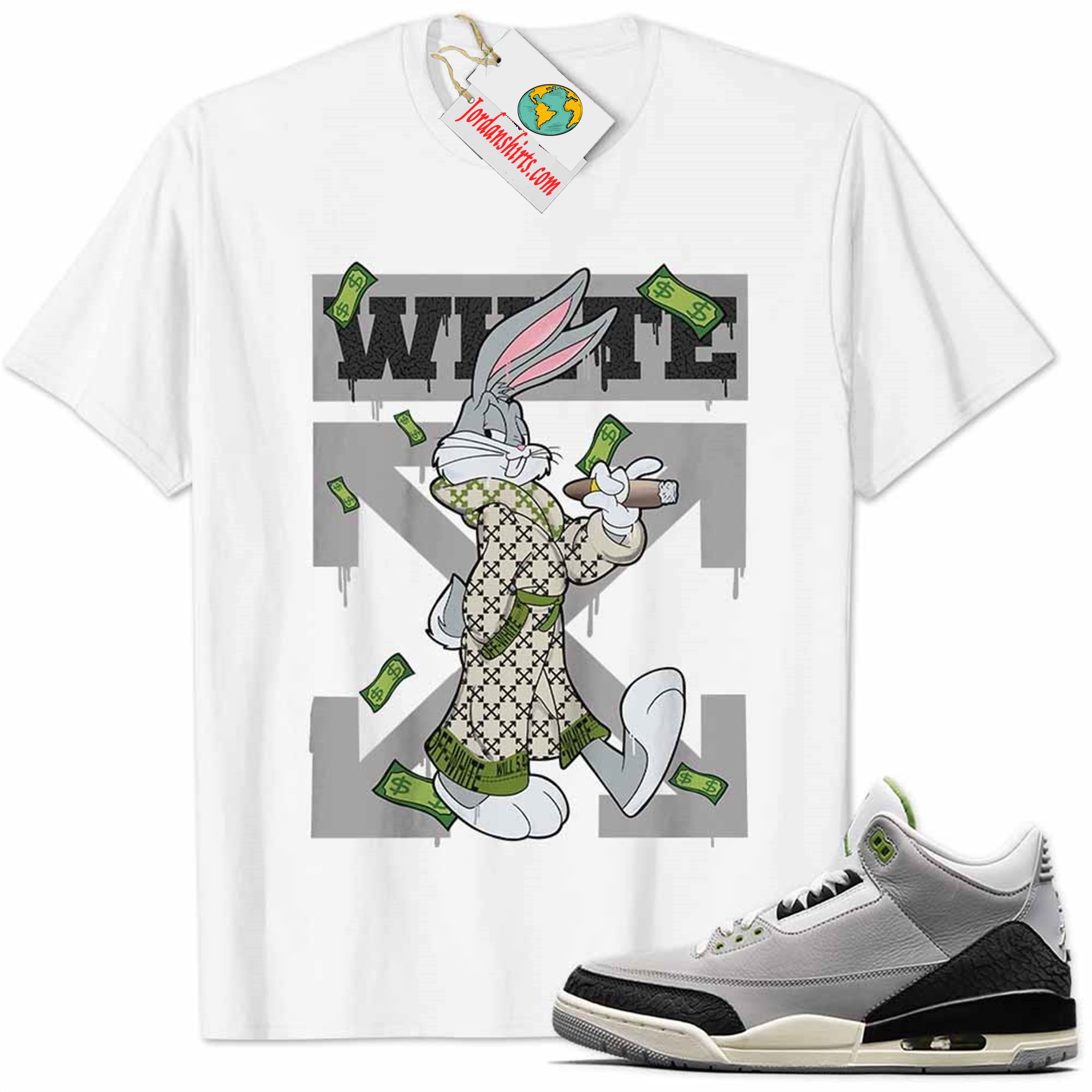Jordan 3 Shirt, Jordan 3 Chlorophyll Shirt Bug Bunny Smokes Weed Money Falling White Full Size Up To 5xl
