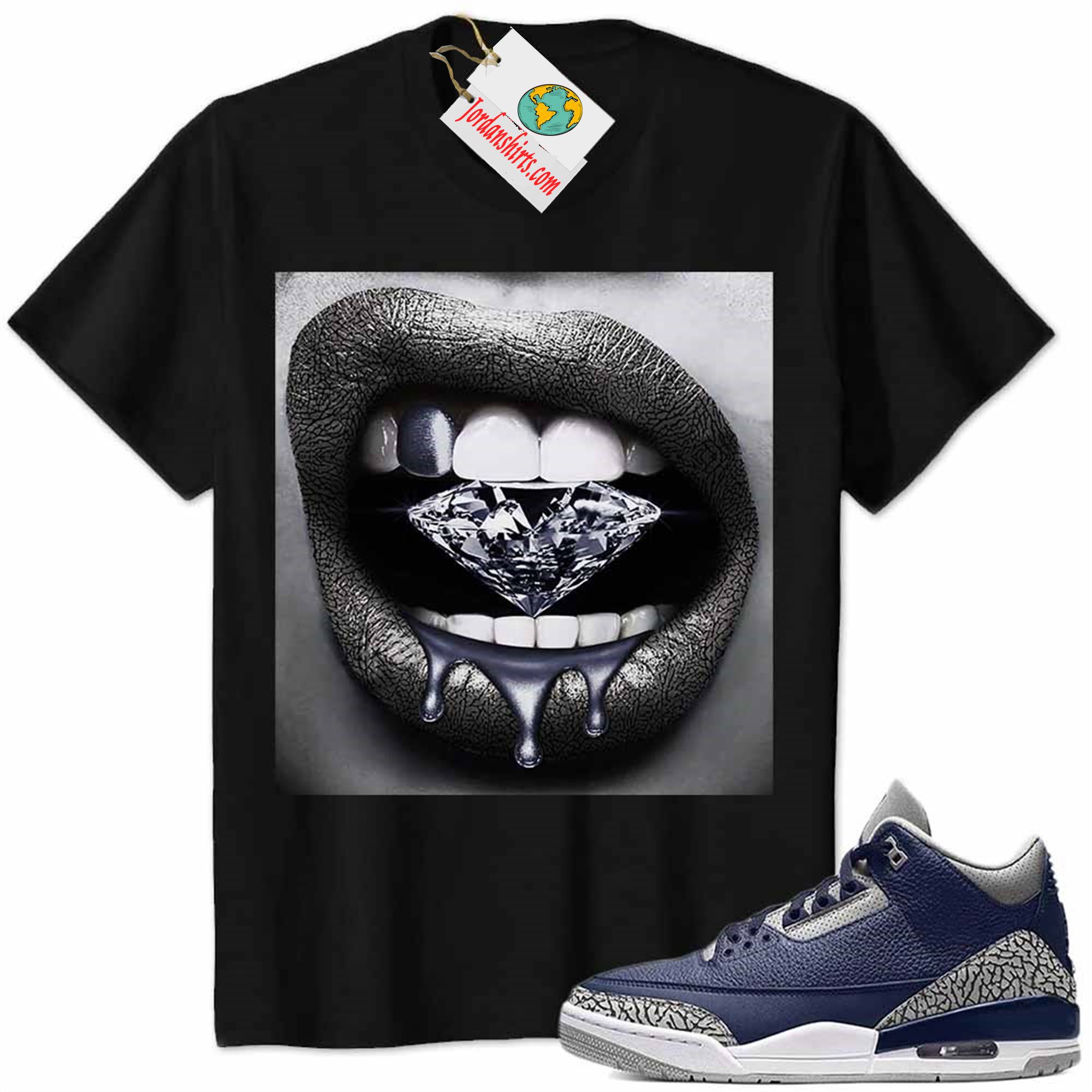 Jordan 3 Shirt, Jordan 3 Georgetown Midnight Navy Shirt Sexy Lip Bite Diamond Dripping Black Full Size Up To 5xl