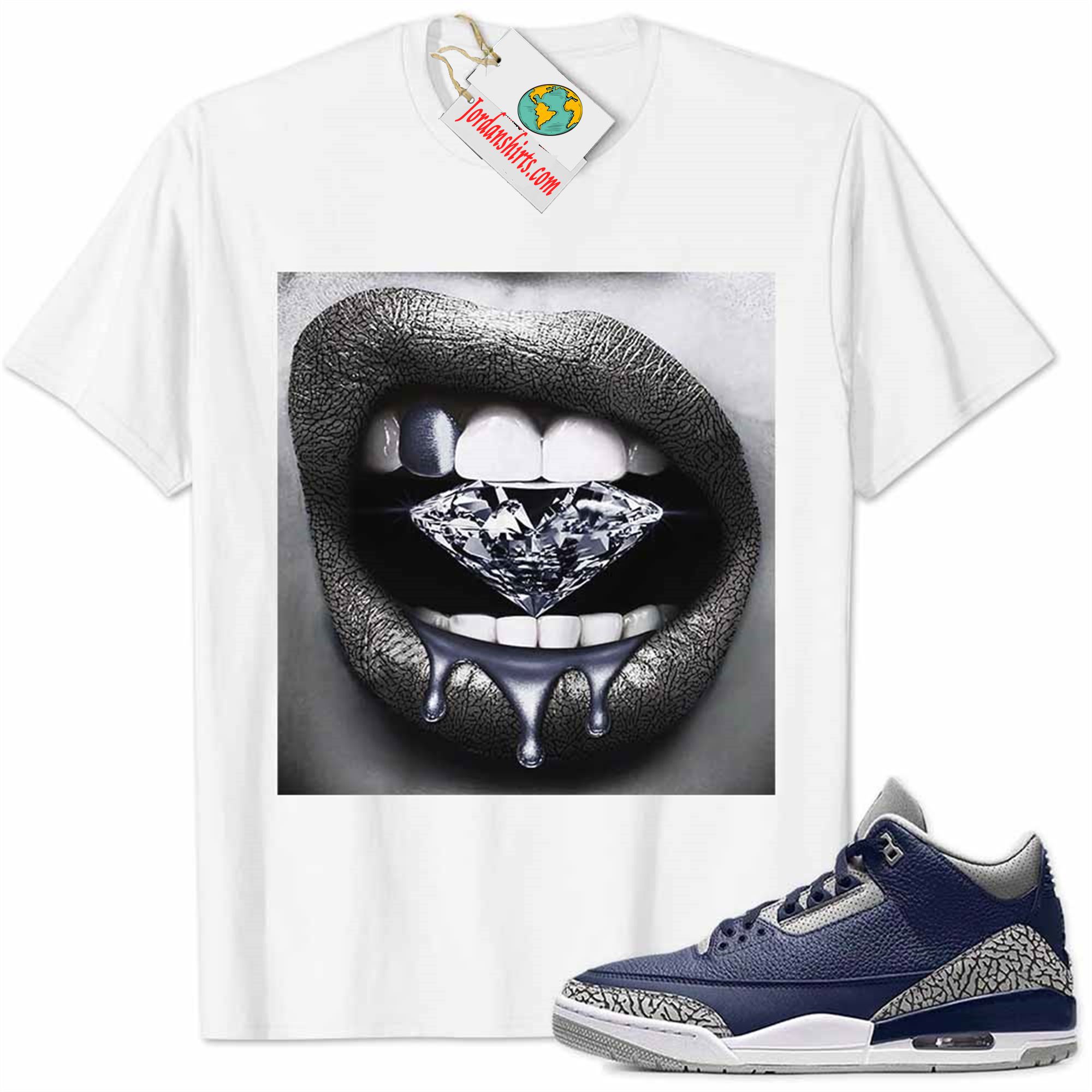 Jordan 3 Shirt, Jordan 3 Georgetown Midnight Navy Shirt Sexy Lip Bite Diamond Dripping White Size Up To 5xl