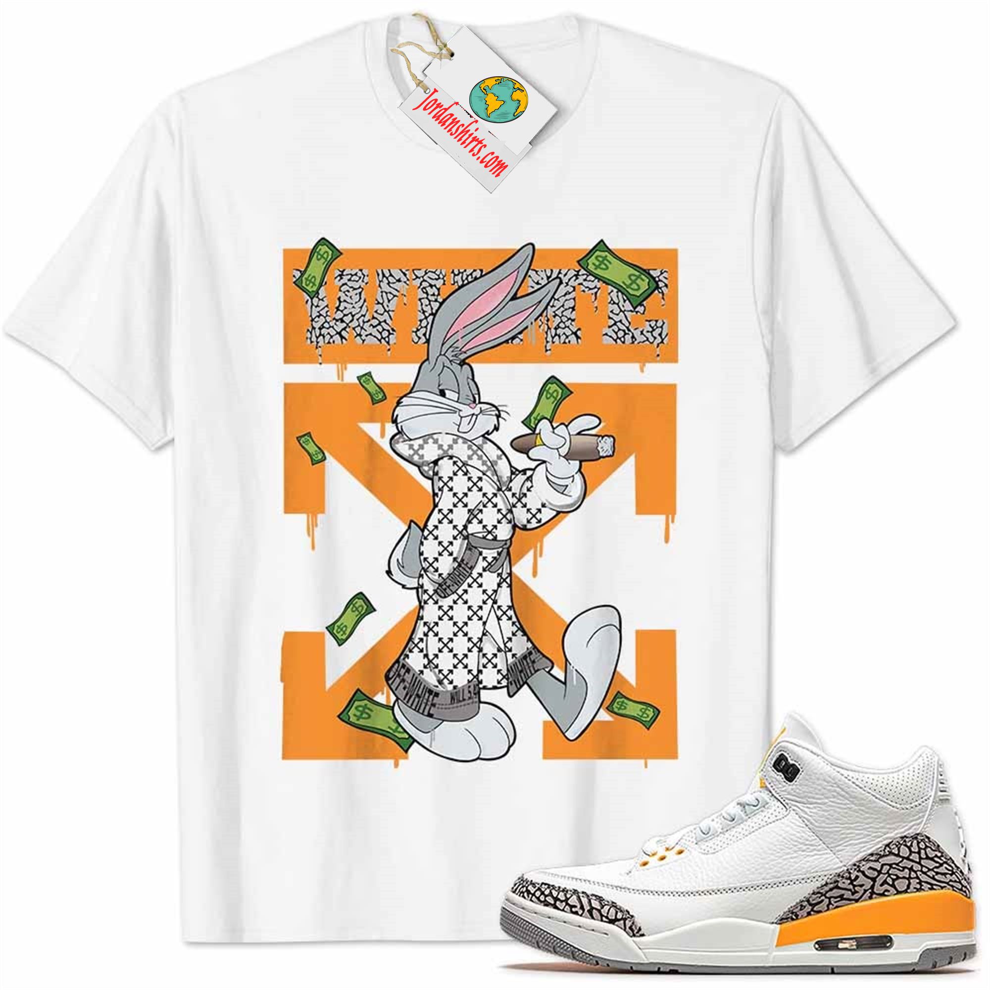 Jordan 3 Shirt, Jordan 3 Laser Orange Shirt Bug Bunny Smokes Weed Money Falling White Size Up To 5xl