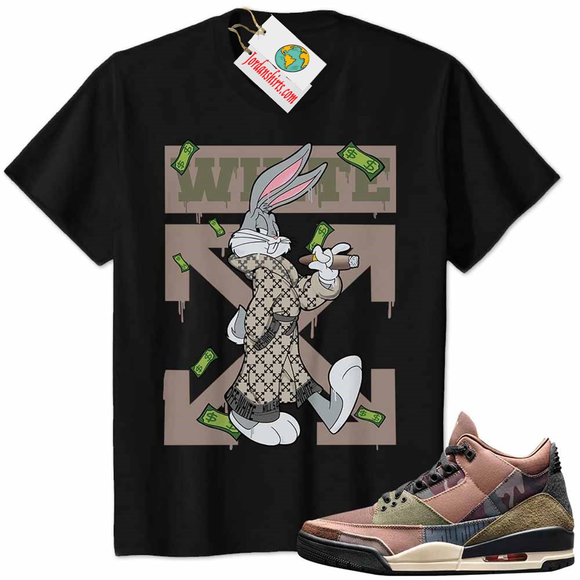 Jordan 3 Shirt, Jordan 3 Patchwork Shirt Bug Bunny Smokes Weed Money Falling Black Plus Size Up To 5xl