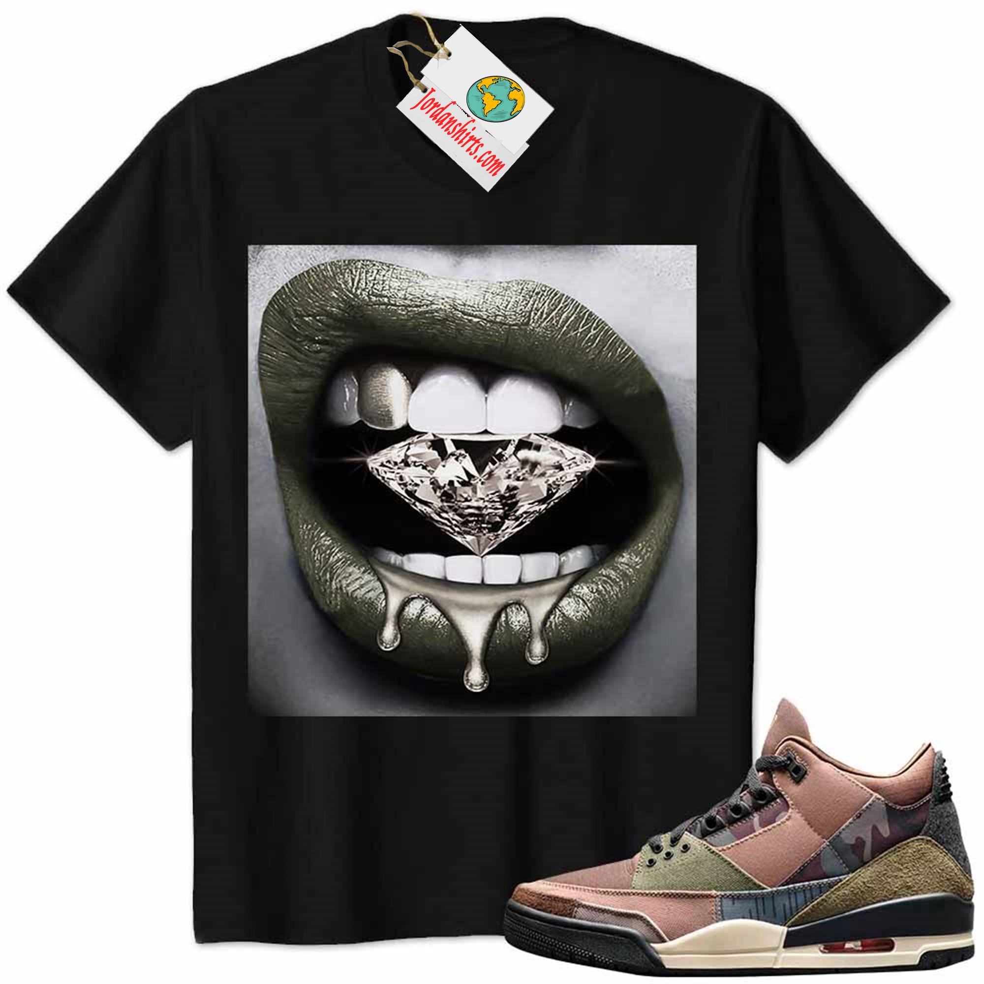 Jordan 3 Shirt, Jordan 3 Patchwork Shirt Sexy Lip Bite Diamond Dripping Black Full Size Up To 5xl