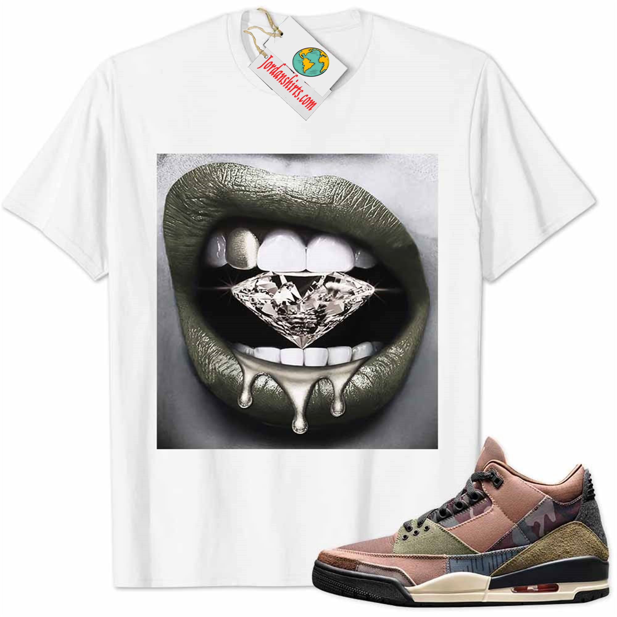 Jordan 3 Shirt, Jordan 3 Patchwork Shirt Sexy Lip Bite Diamond Dripping White Full Size Up To 5xl