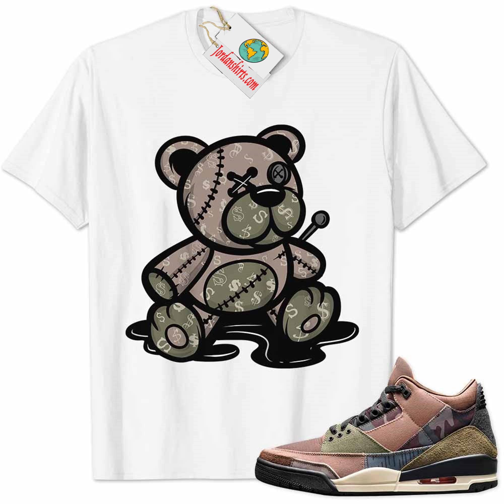 Jordan 3 Shirt, Jordan 3 Patchwork Shirt Teddy Bear All Money In White Plus Size Up To 5xl