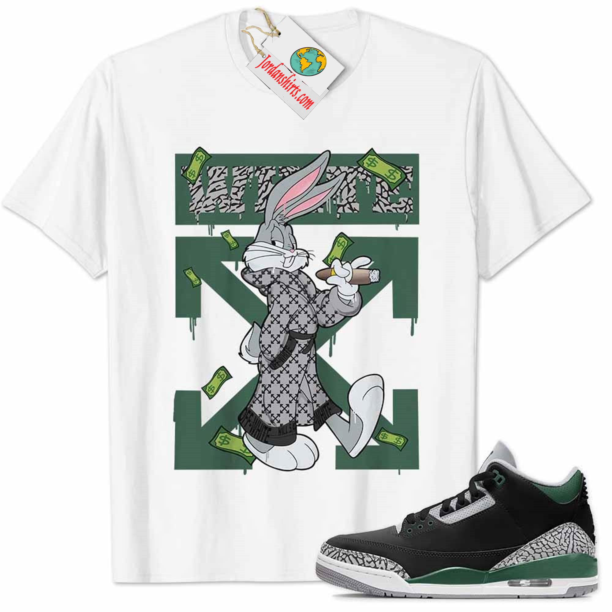Jordan 3 Shirt, Jordan 3 Pine Green Shirt Bug Bunny Smokes Weed Money Falling White Size Up To 5xl
