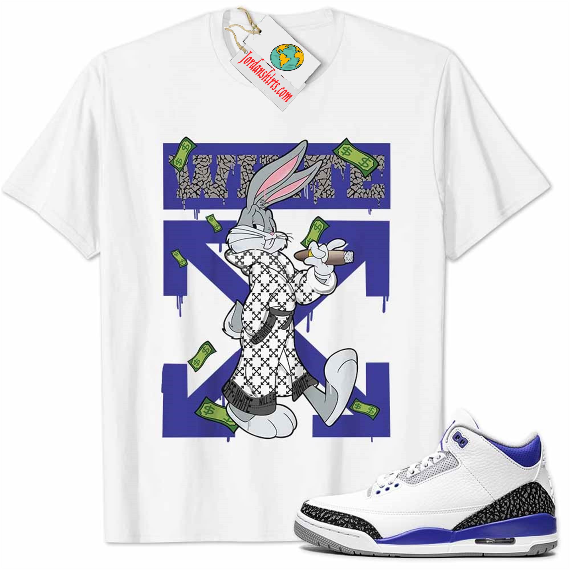 Jordan 3 Shirt, Jordan 3 Racer Blue Shirt Bug Bunny Smokes Weed Money Falling White Size Up To 5xl