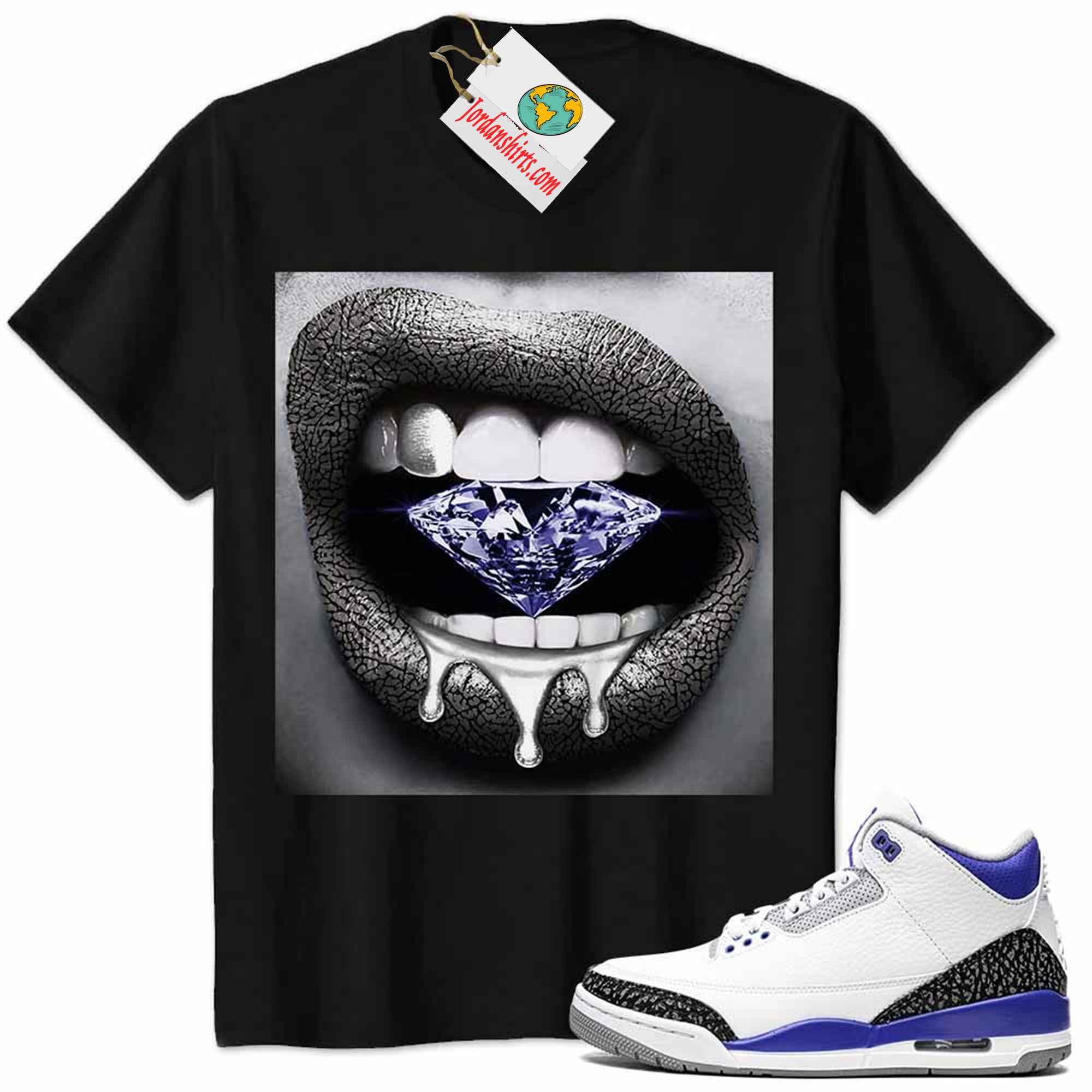 Jordan 3 Shirt, Jordan 3 Racer Blue Shirt Sexy Lip Bite Diamond Dripping Black Full Size Up To 5xl