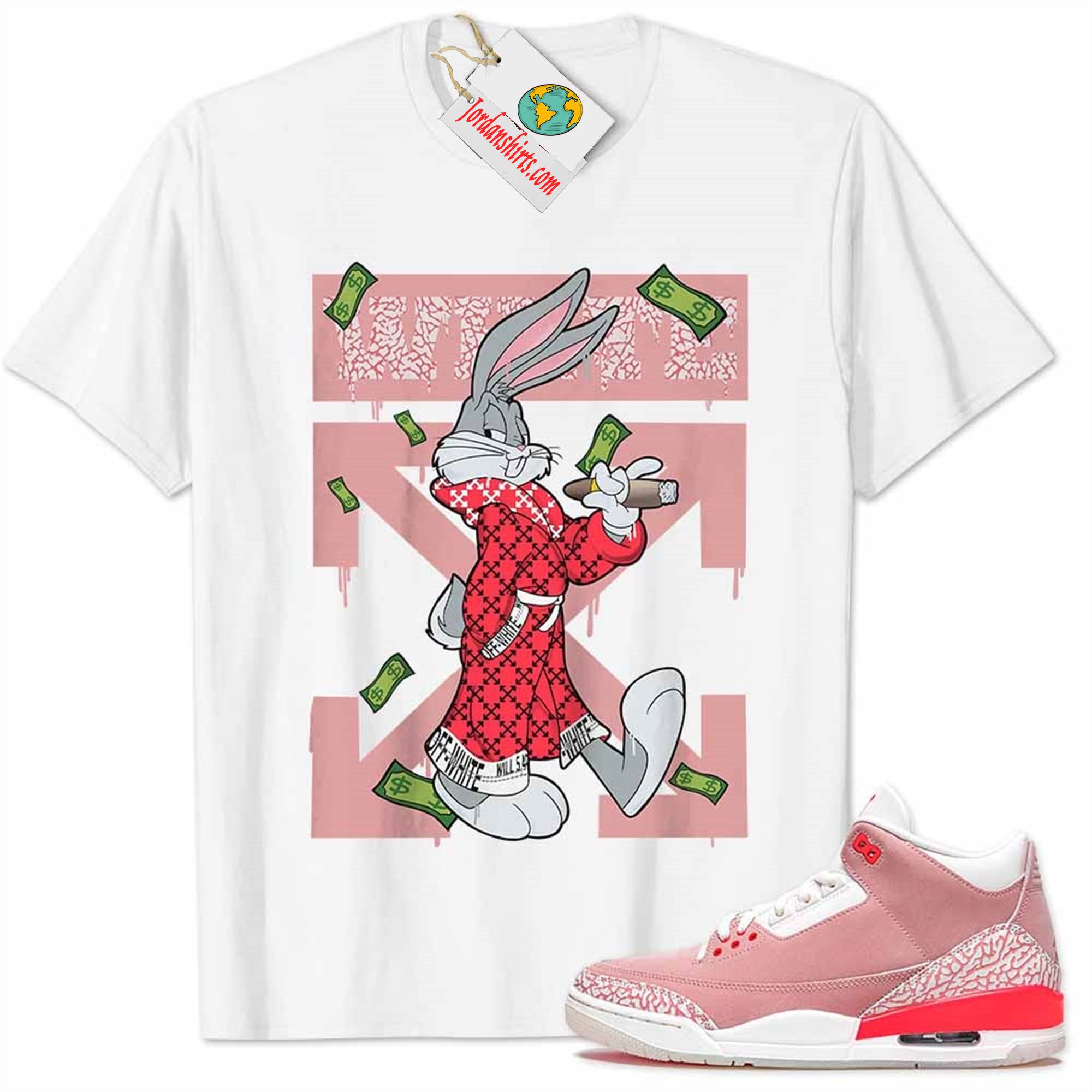 Jordan 3 Shirt, Jordan 3 Rust Pink Shirt Bug Bunny Smokes Weed Money Falling White Size Up To 5xl