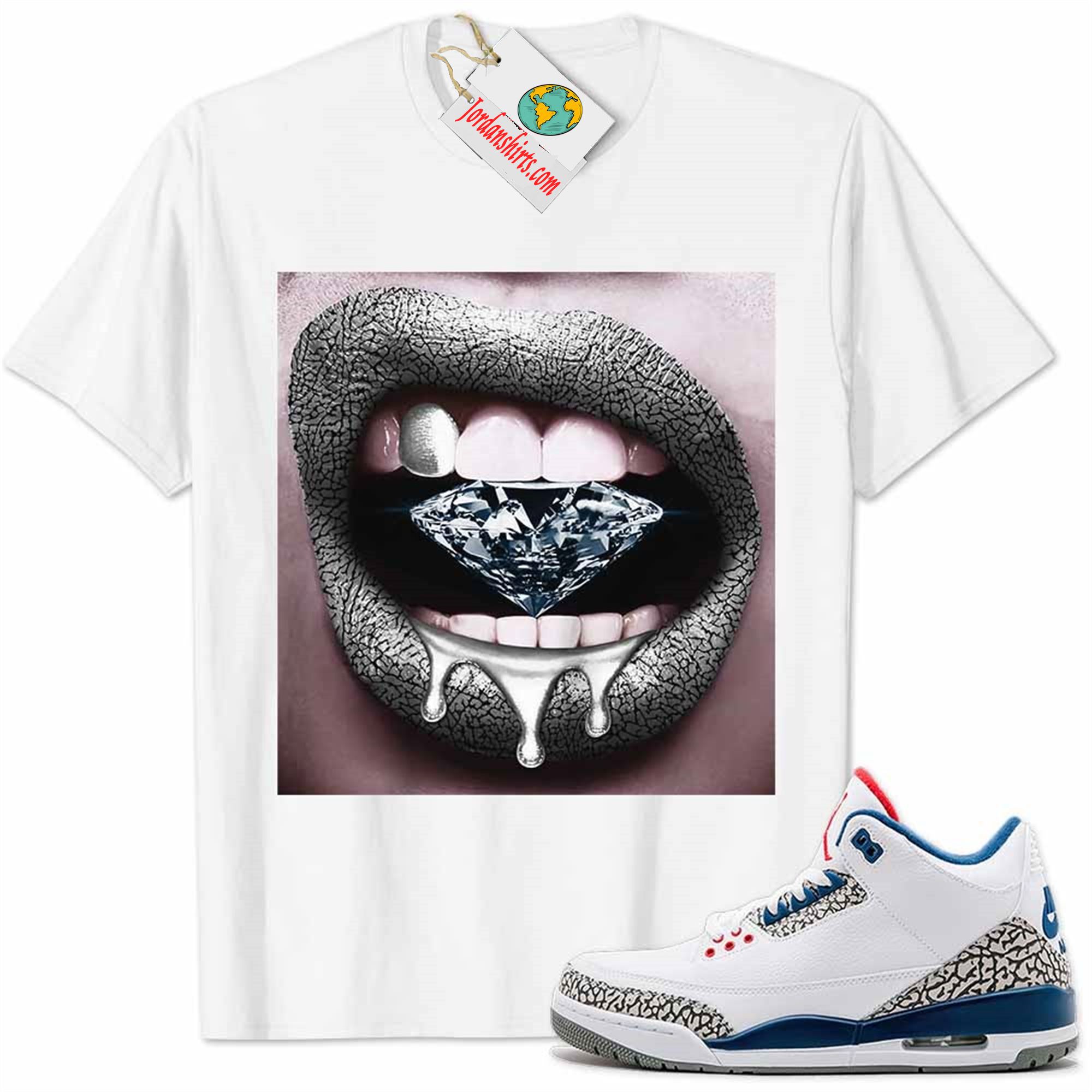 Jordan 3 Shirt, Jordan 3 True Blue Shirt Sexy Lip Bite Diamond Dripping White Size Up To 5xl