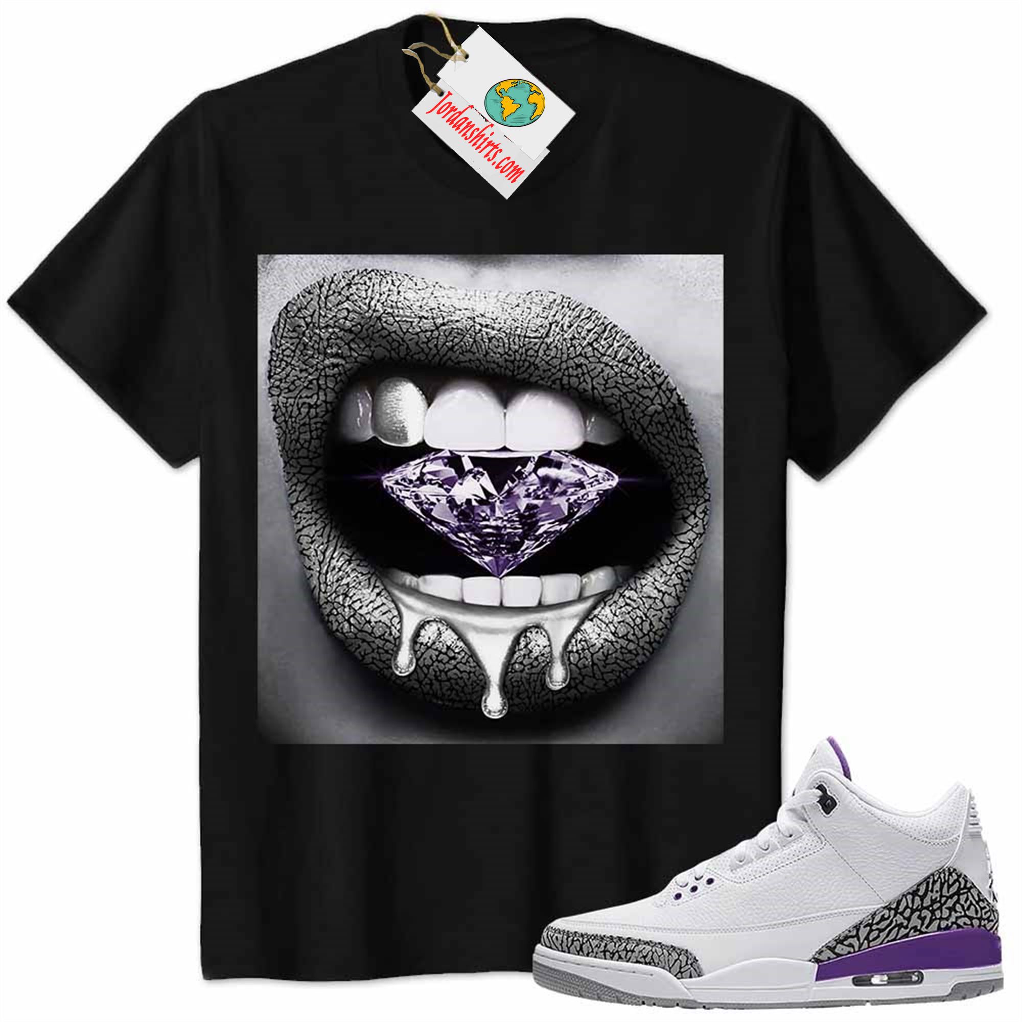 Jordan 3 Shirt, Jordan 3 Wmns Dark Iris Violet Ore Shirt Sexy Lip Bite Diamond Dripping Black Size Up To 5xl