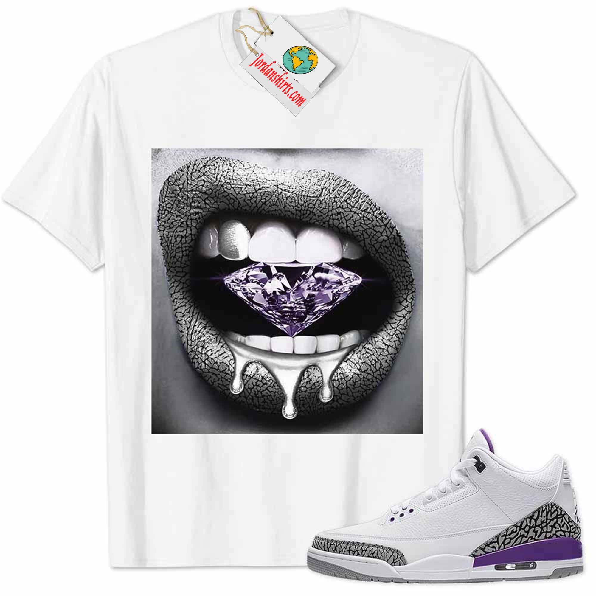 Jordan 3 Shirt, Jordan 3 Wmns Dark Iris Violet Ore Shirt Sexy Lip Bite Diamond Dripping White Size Up To 5xl