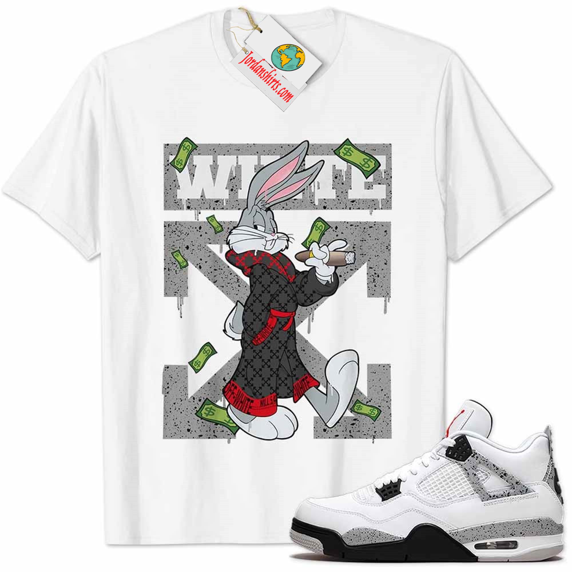 Jordan 4 Shirt, Jordan 4 Cement Shirt Bug Bunny Smokes Weed Money Falling White Size Up To 5xl
