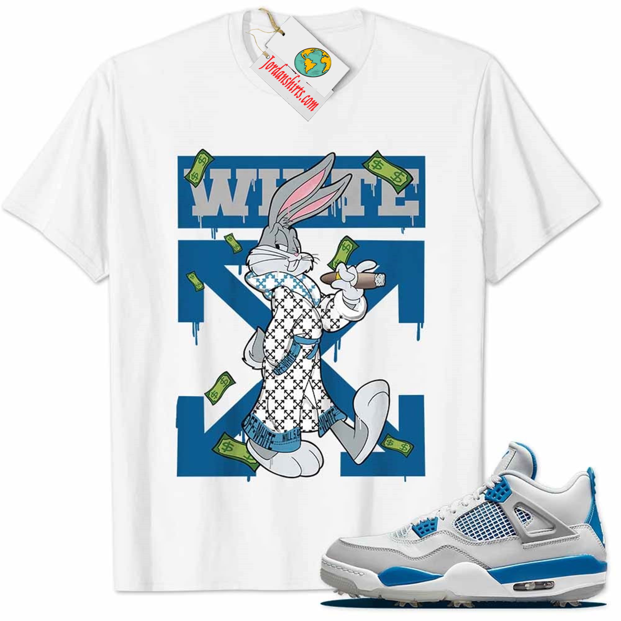 Jordan 4 Shirt, Jordan 4 Golf Military Blue Shirt Bug Bunny Smokes Weed Money Falling White Plus Size Up To 5xl