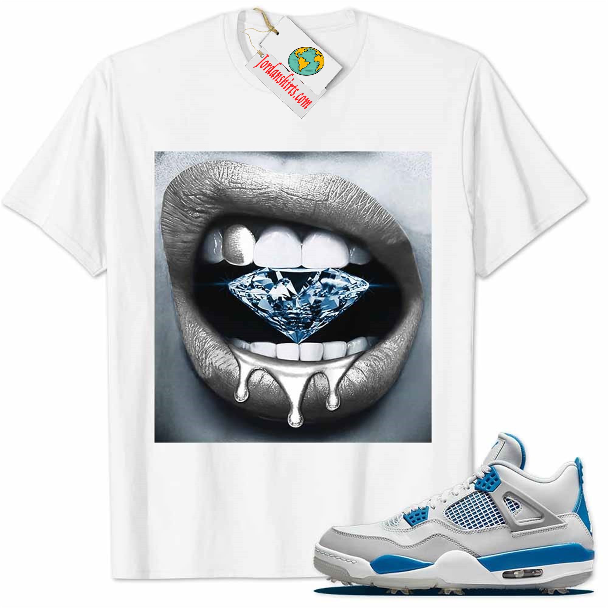 Jordan 4 Shirt, Jordan 4 Golf Military Blue Shirt Sexy Lip Bite Diamond Dripping White Full Size Up To 5xl