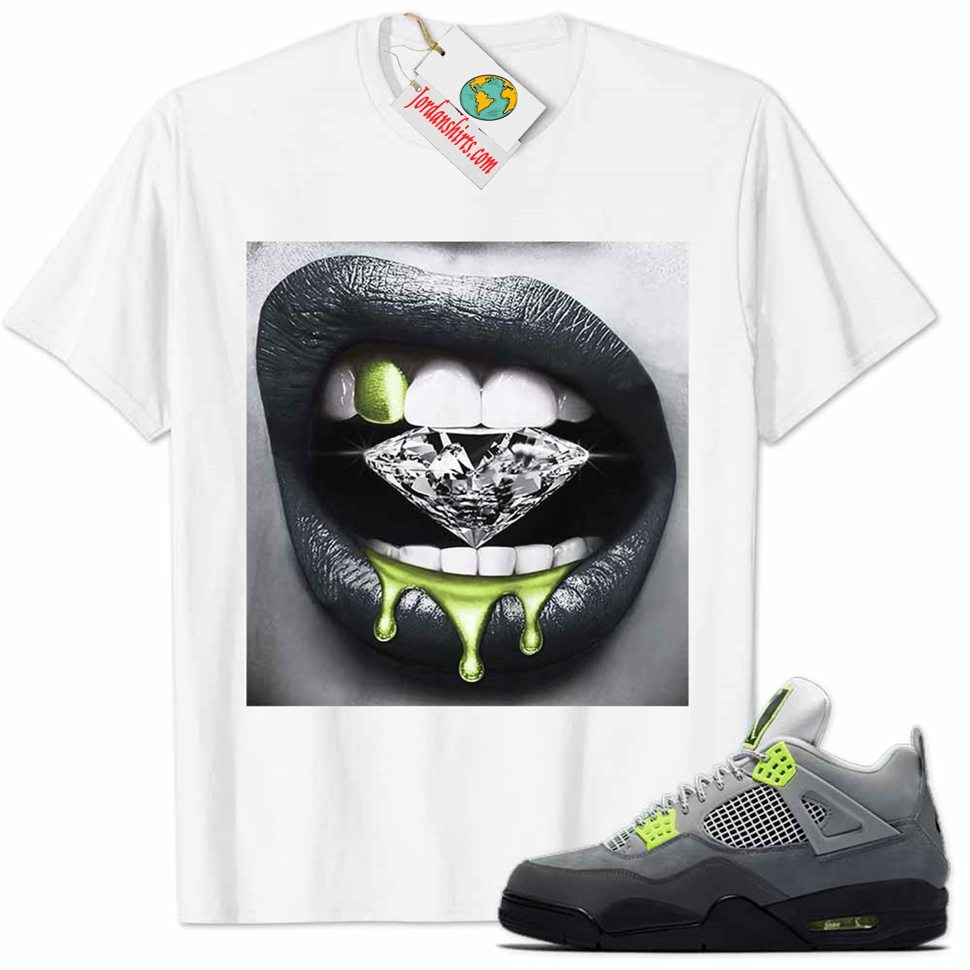 Jordan 4 Shirt, Jordan 4 Neon 95 Shirt Sexy Lip Bite Diamond Dripping White Plus Size Up To 5xl