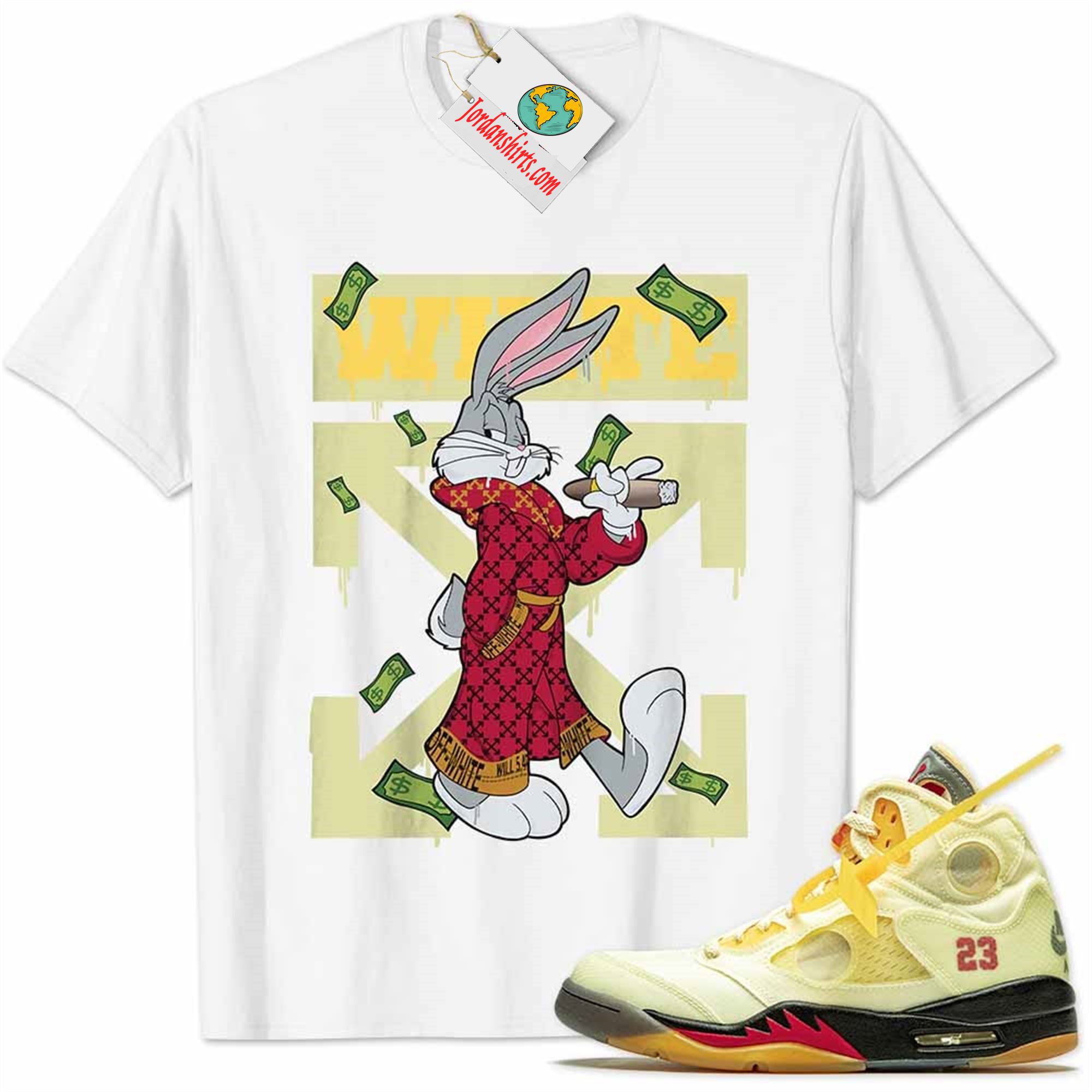 Jordan 5 Shirt, Off-white Shirt Bug Bunny Smokes Weed Money Falling White Plus Size Up To 5xl