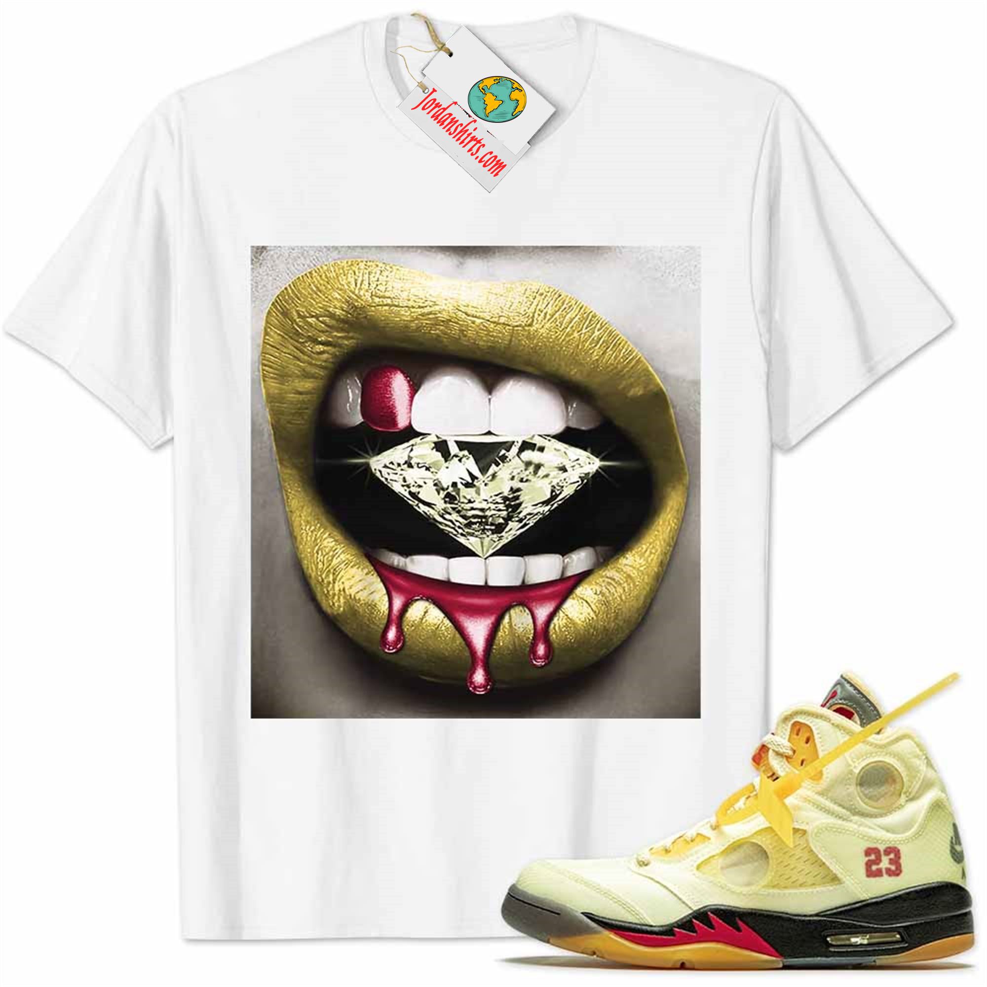 Jordan 5 Shirt, Off-white Shirt Sexy Lip Bite Diamond Dripping White Full Size Up To 5xl