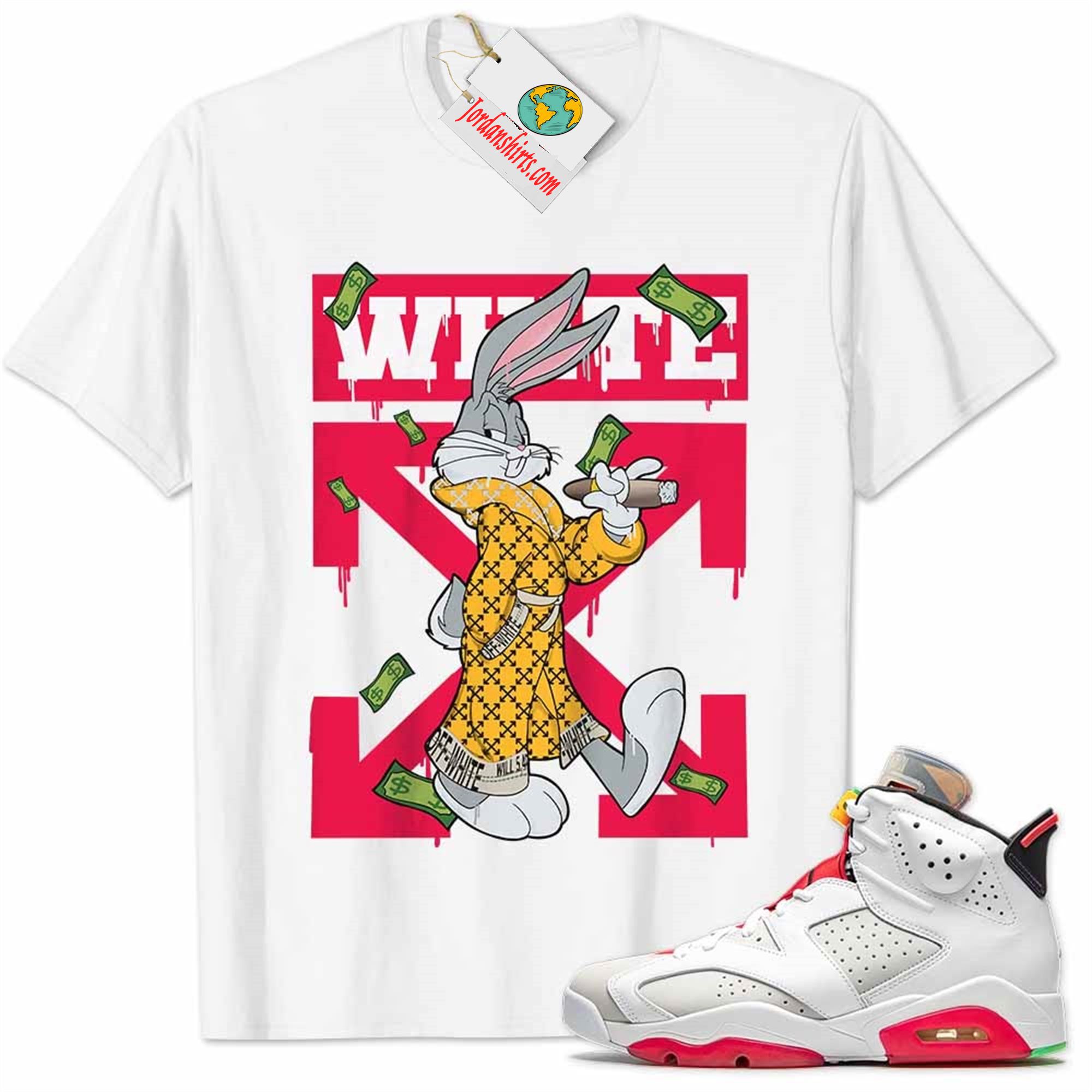 Jordan 6 Shirt, Jordan 6 Hare Shirt Bug Bunny Smokes Weed Money Falling White Full Size Up To 5xl