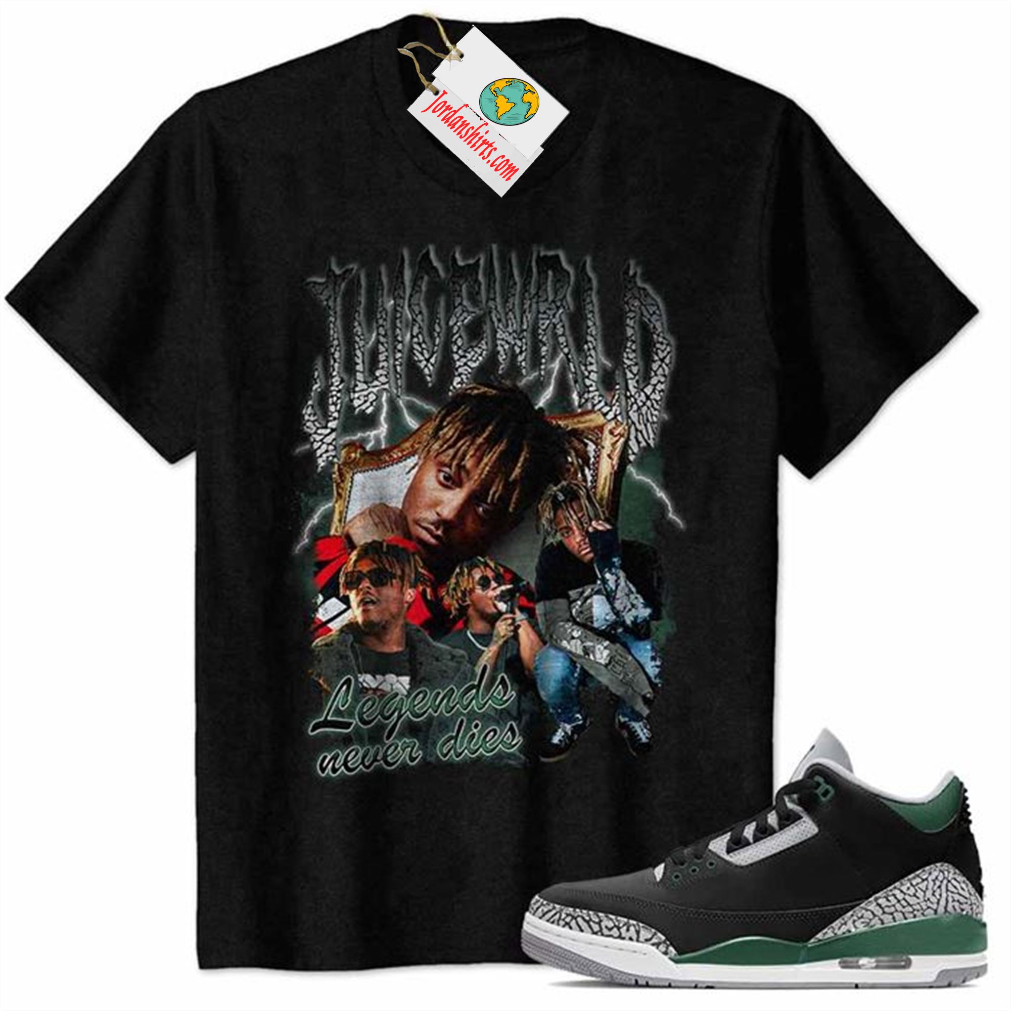 Jordan 3 Shirt, Juice Wrld Rapper Vintage 90s Black Air Jordan 3 Pine Green 3s Plus Size Up To 5xl