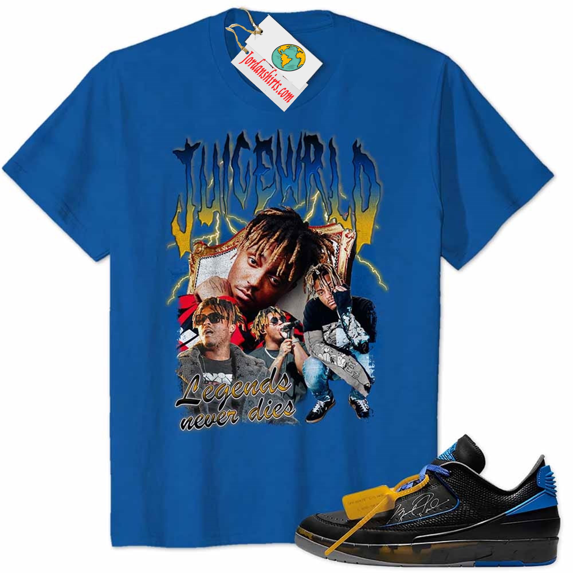 Jordan 2 Shirt, Juice Wrld Rapper Vintage 90s Blue Air Jordan 2 Low X Off-white Black And Varsity Royal 2s Full Size Up To 5xl