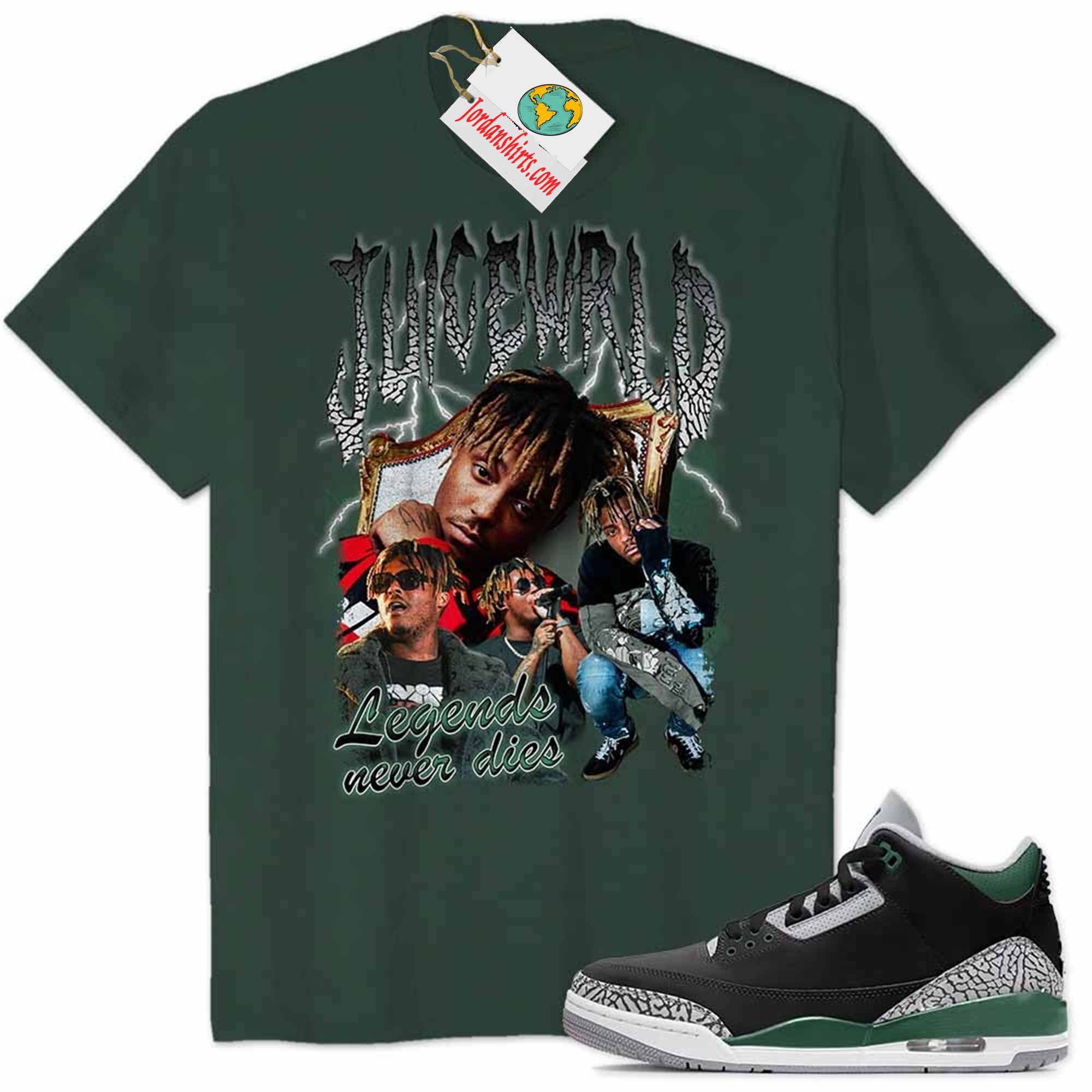 Jordan 3 Shirt, Juice Wrld Rapper Vintage 90s Forest Air Jordan 3 Pine Green 3s Size Up To 5xl