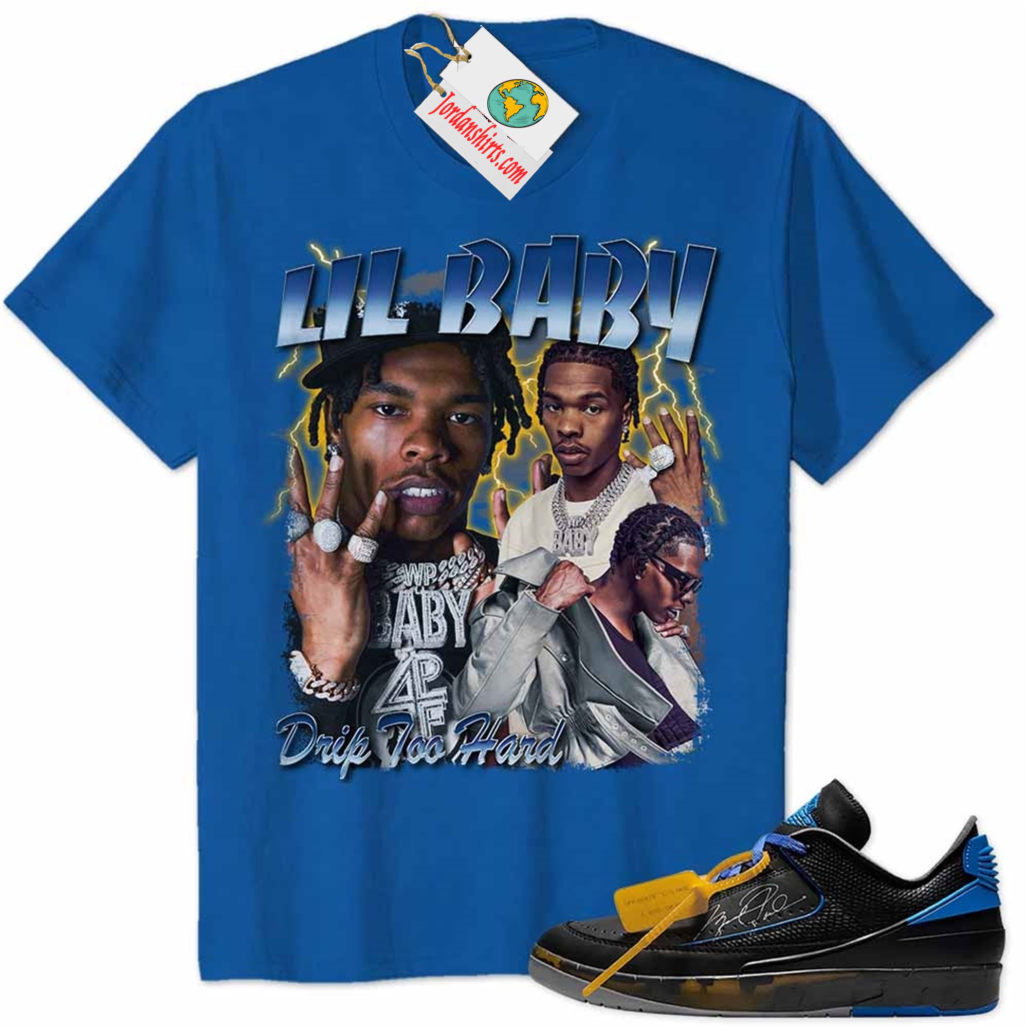 Jordan 2 Shirt, Lil Baby Rapper Vintage 90s Blue Air Jordan 2 Low X Off-white Black And Varsity Royal 2s Plus Size Up To 5xl