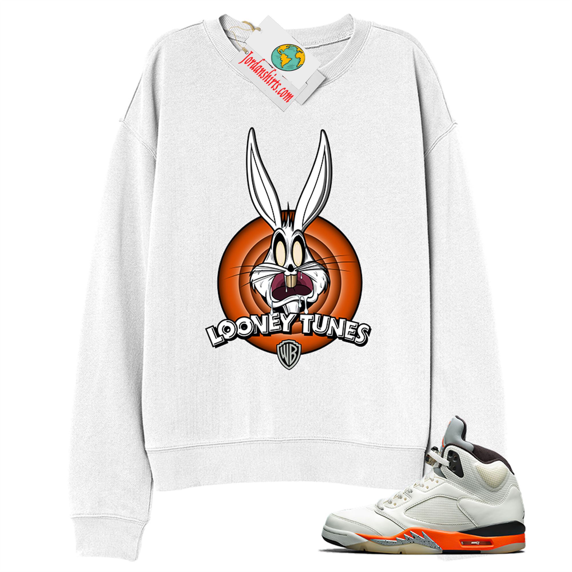 Jordan 5 Sweatshirt, Looney Tunes Bugs Bunny White Sweatshirt Air Jordan 5 Orange Blaze Shattered Backboard 5s Full Size Up To 5xl