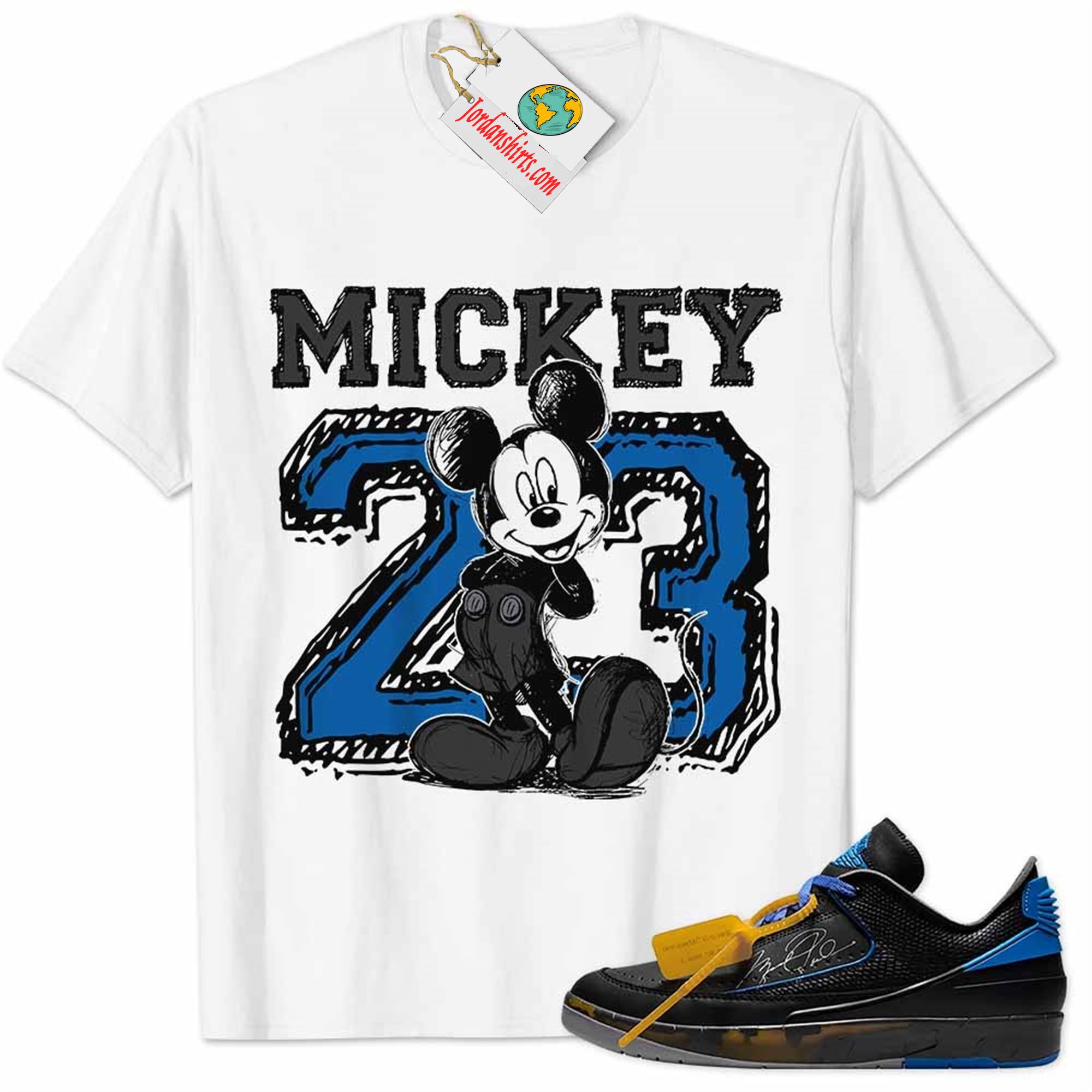 Jordan 2 Shirt, Low X Off-white Black And Varsity Royal 2s Shirt Mickey 23 Michael Jordan Number Draw White Plus Size Up To 5xl