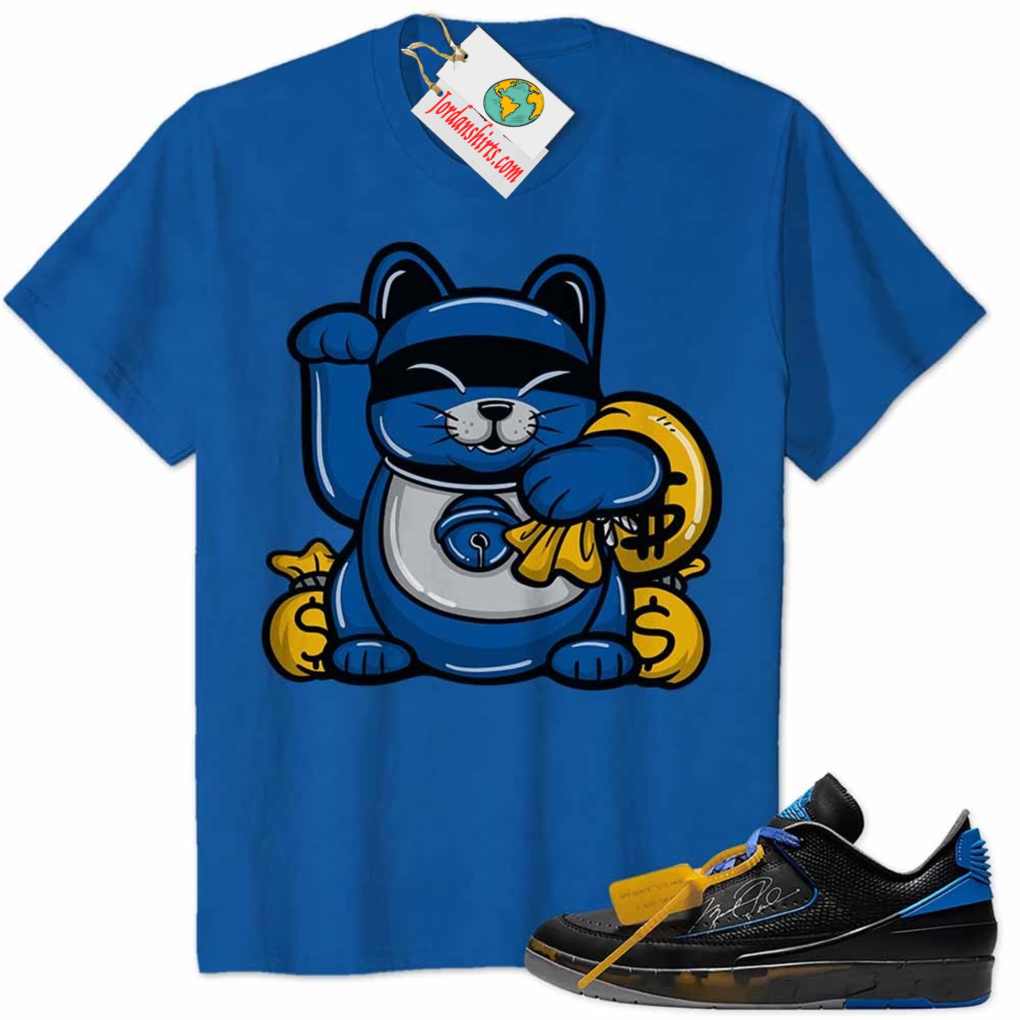Jordan 2 Shirt, Lucky Cat Gangster With Money Bag Blue Air Jordan 2 Low X Off-white Black And Varsity Royal 2s Size Up To 5xl