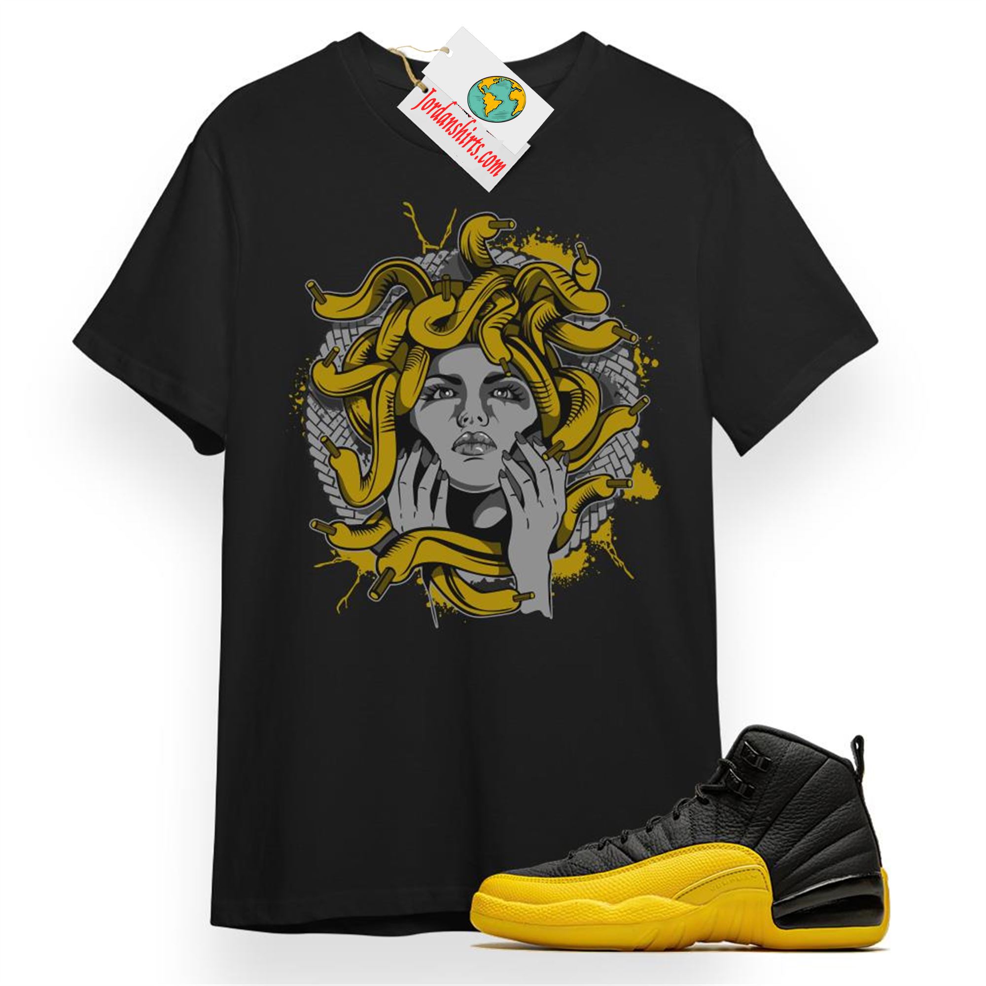 Jordan 12 Shirt, Medusa Black T-shirt Air Jordan 12 University Gold 12s Plus Size Up To 5xl