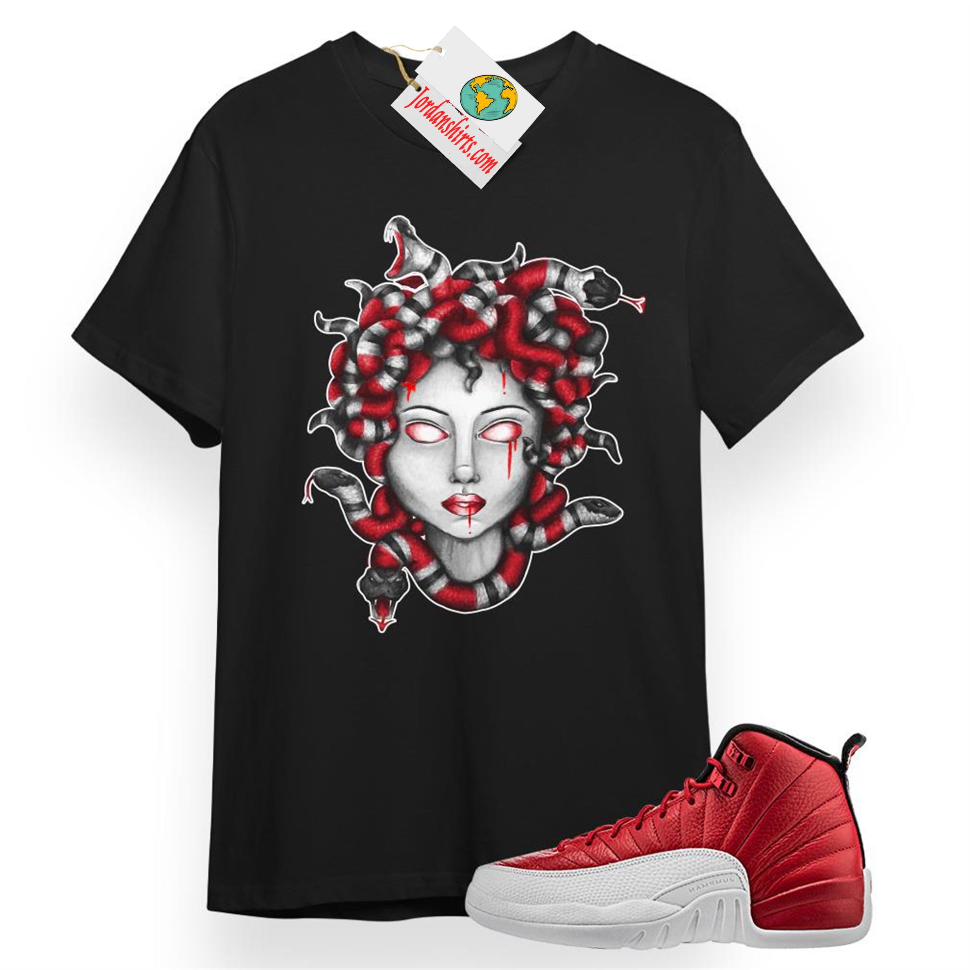 Jordan 12 Shirt, Medusa Snake Black T-shirt Air Jordan 12 Gym Red 12s Plus Size Up To 5xl