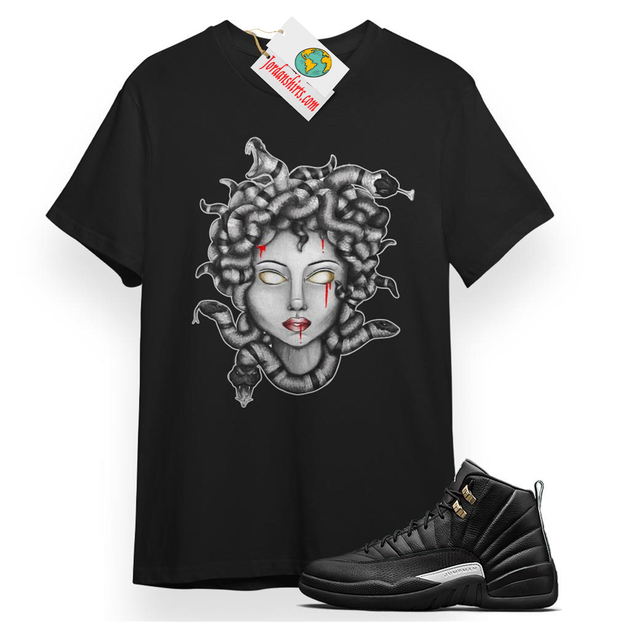 Jordan 12 Shirt, Medusa Snake Black T-shirt Air Jordan 12 Master 12s Plus Size Up To 5xl
