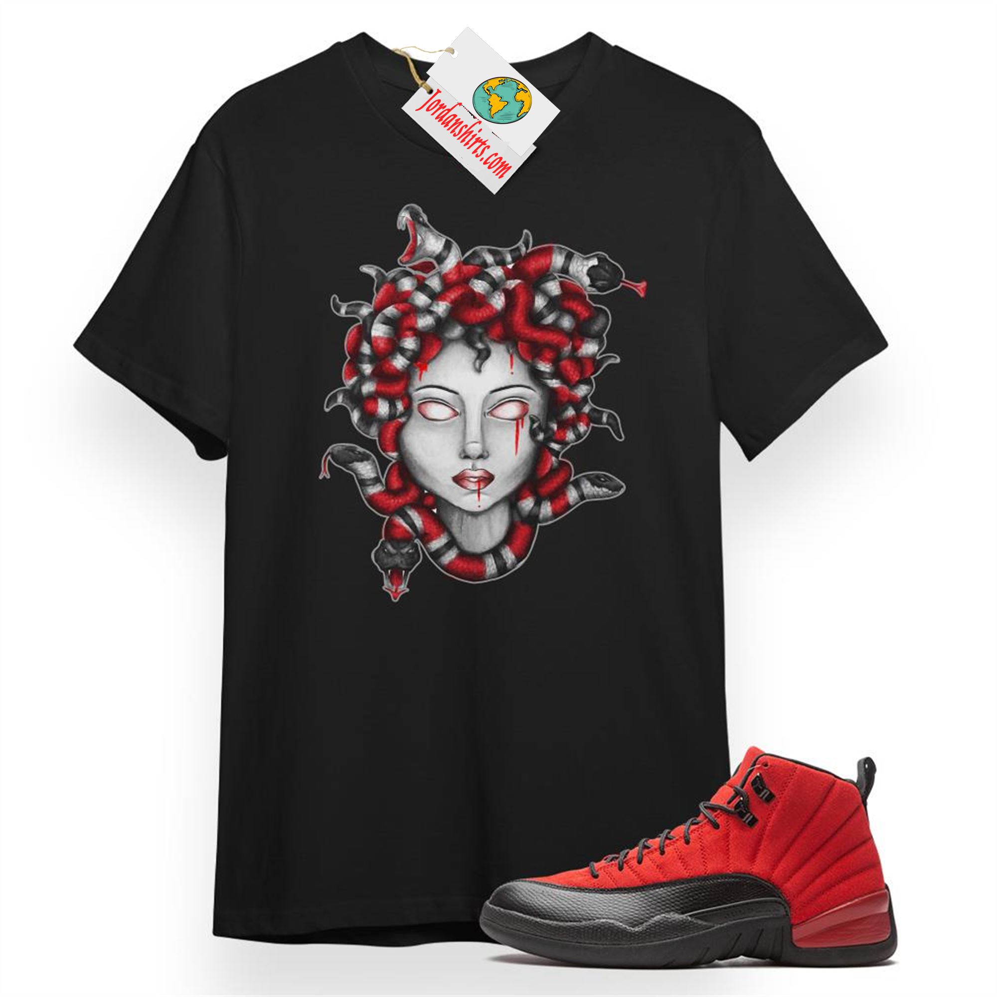 Jordan 12 Shirt, Medusa Snake Black T-shirt Air Jordan 12 Reverse Flu Game 12s Size Up To 5xl