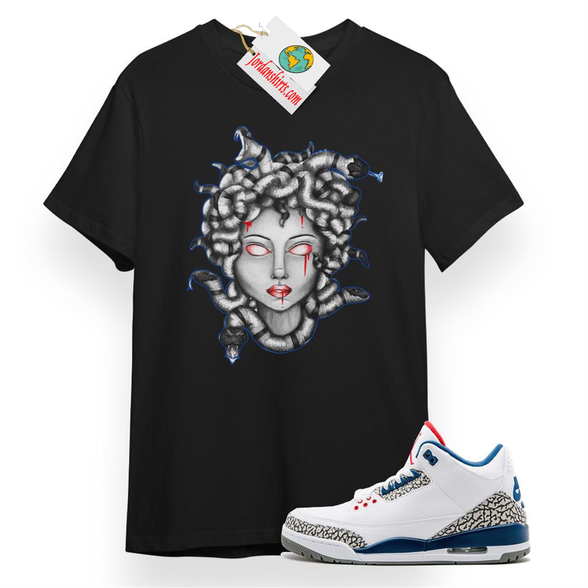 Jordan 3 Shirt, Medusa Snake Black T-shirt Air Jordan 3 True Blue 3s Plus Size Up To 5xl