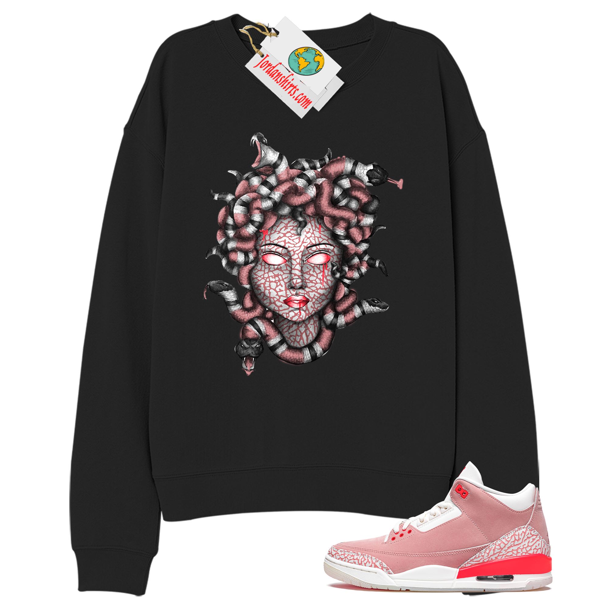 Jordan 3 Sweatshirt, Medusa Snake Hair Black Sweatshirt Air Jordan 3 Rust Pink 3s Plus Size Up To 5xl