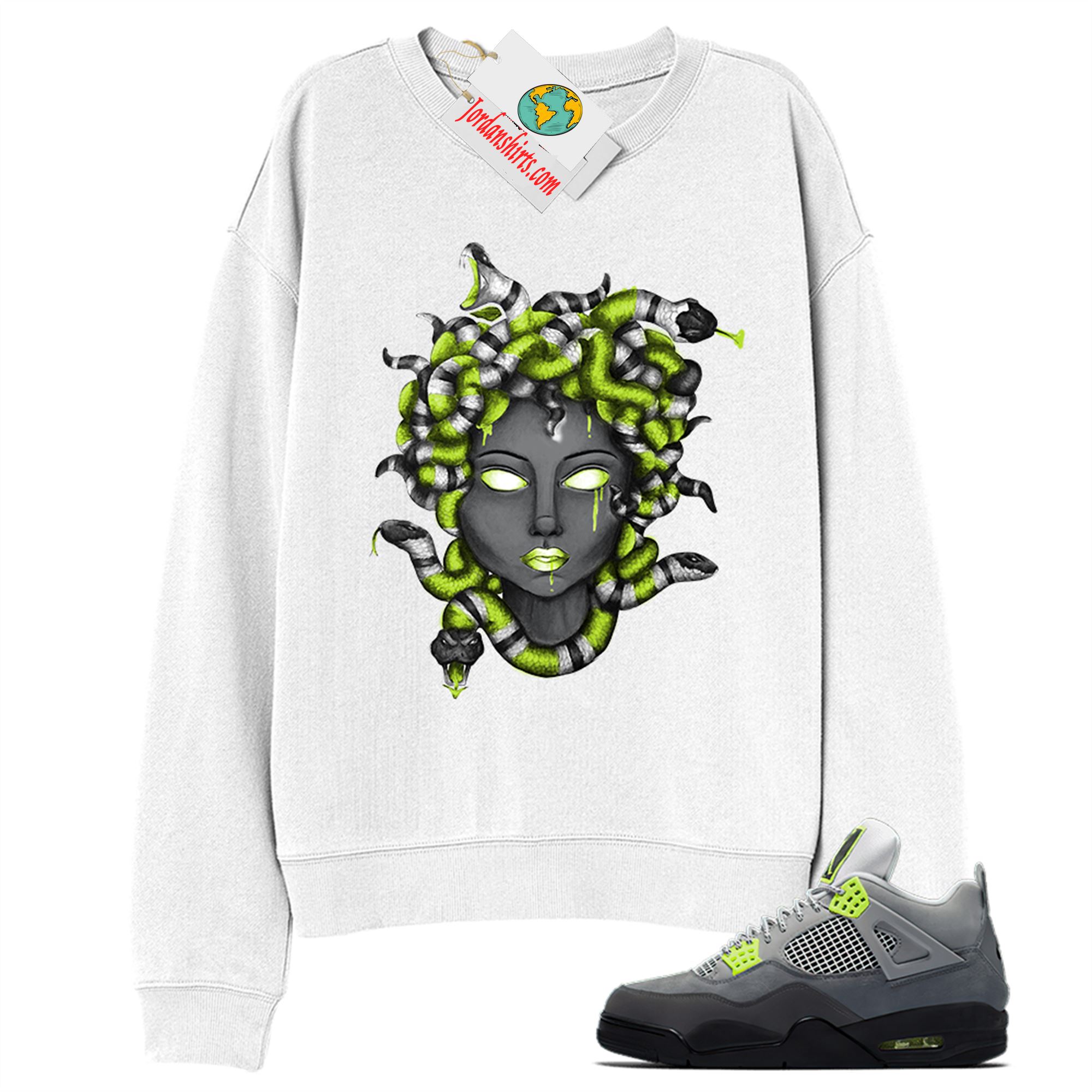 Jordan 4 Sweatshirt, Medusa Snake Hair White Sweatshirt Air Jordan 4 Neon 95 4s Size Up To 5xl