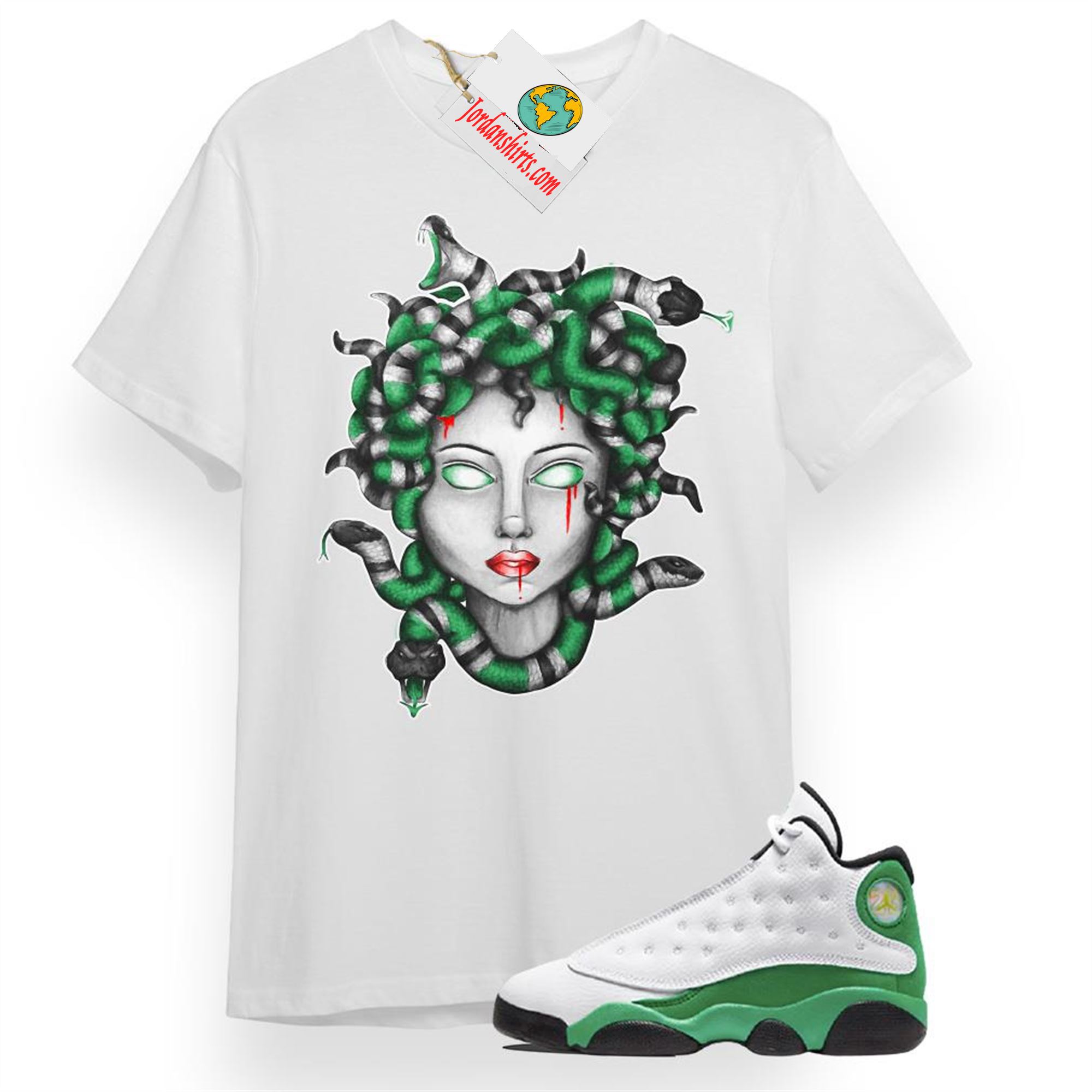 Jordan 13 Shirt, Medusa Snake White T-shirt Air Jordan 13 Lucky Green 13s Full Size Up To 5xl