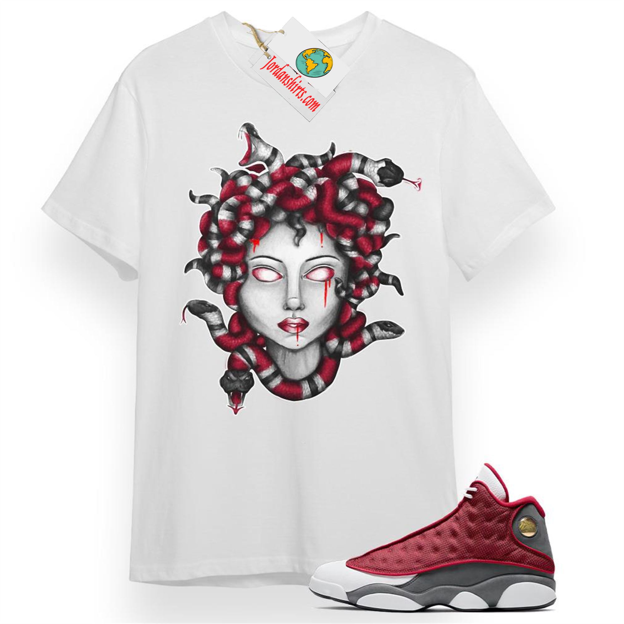 Jordan 13 Shirt, Medusa Snake White T-shirt Air Jordan 13 Red Flint 13s Size Up To 5xl