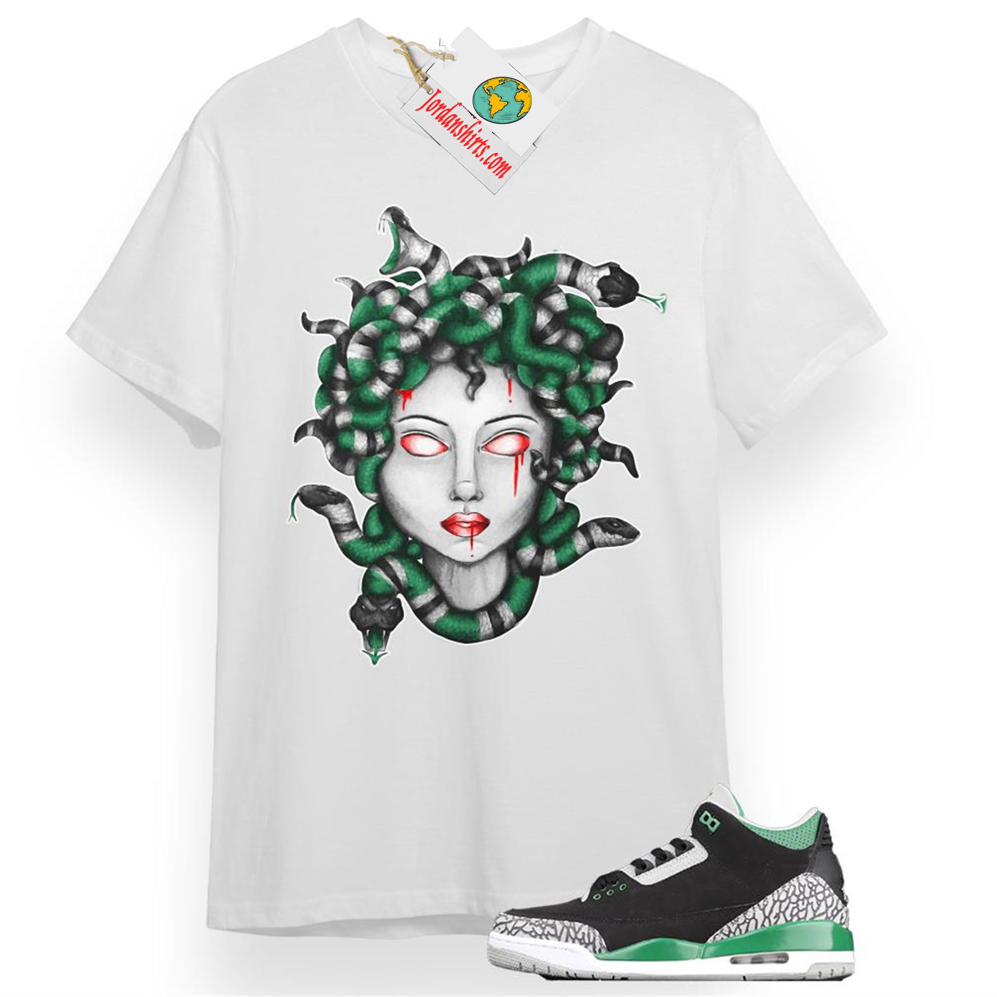Jordan 3 Shirt, Medusa Snake White T-shirt Air Jordan 3 Pine Green 3s Full Size Up To 5xl