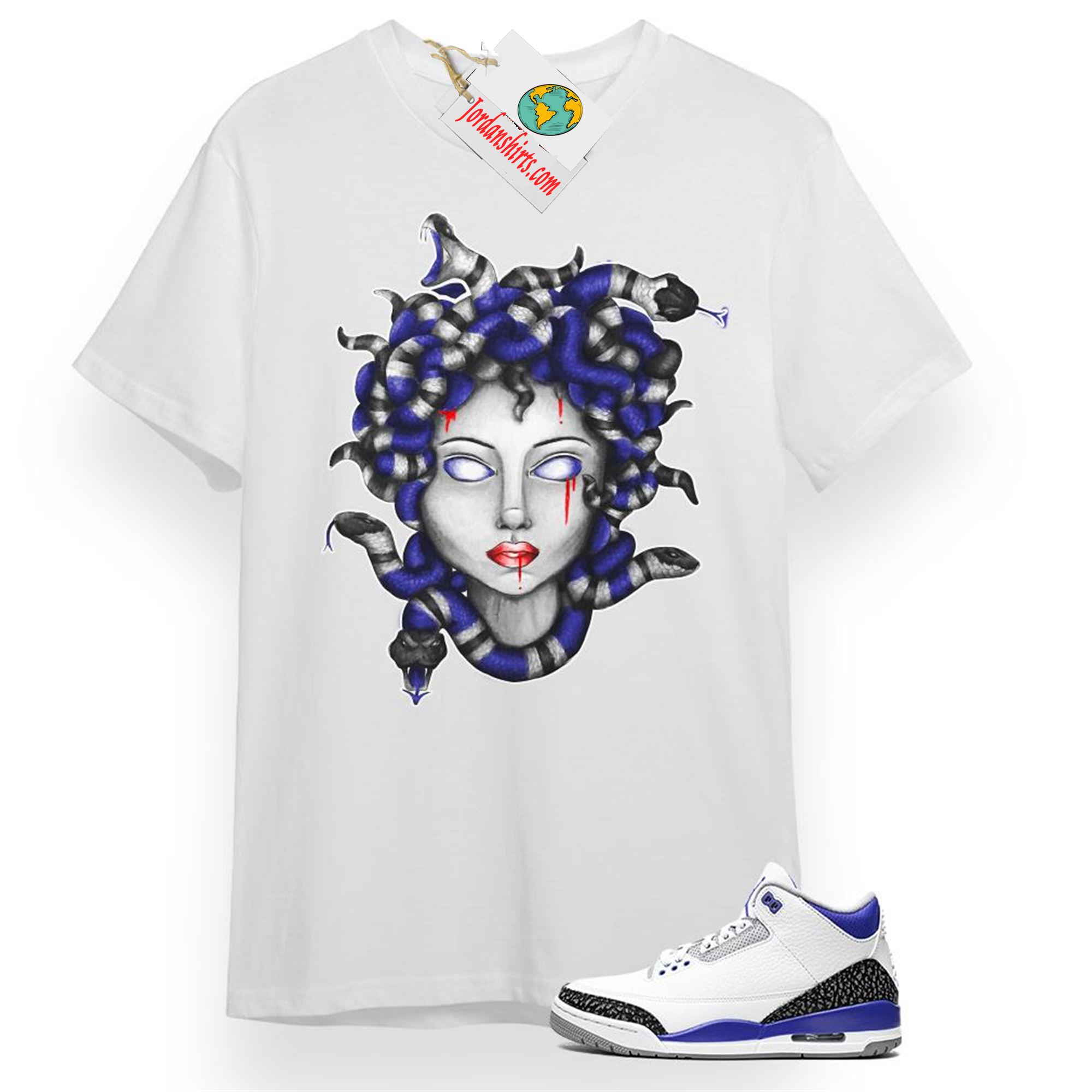 Jordan 3 Shirt, Medusa Snake White T-shirt Air Jordan 3 Racer Blue 3s Size Up To 5xl