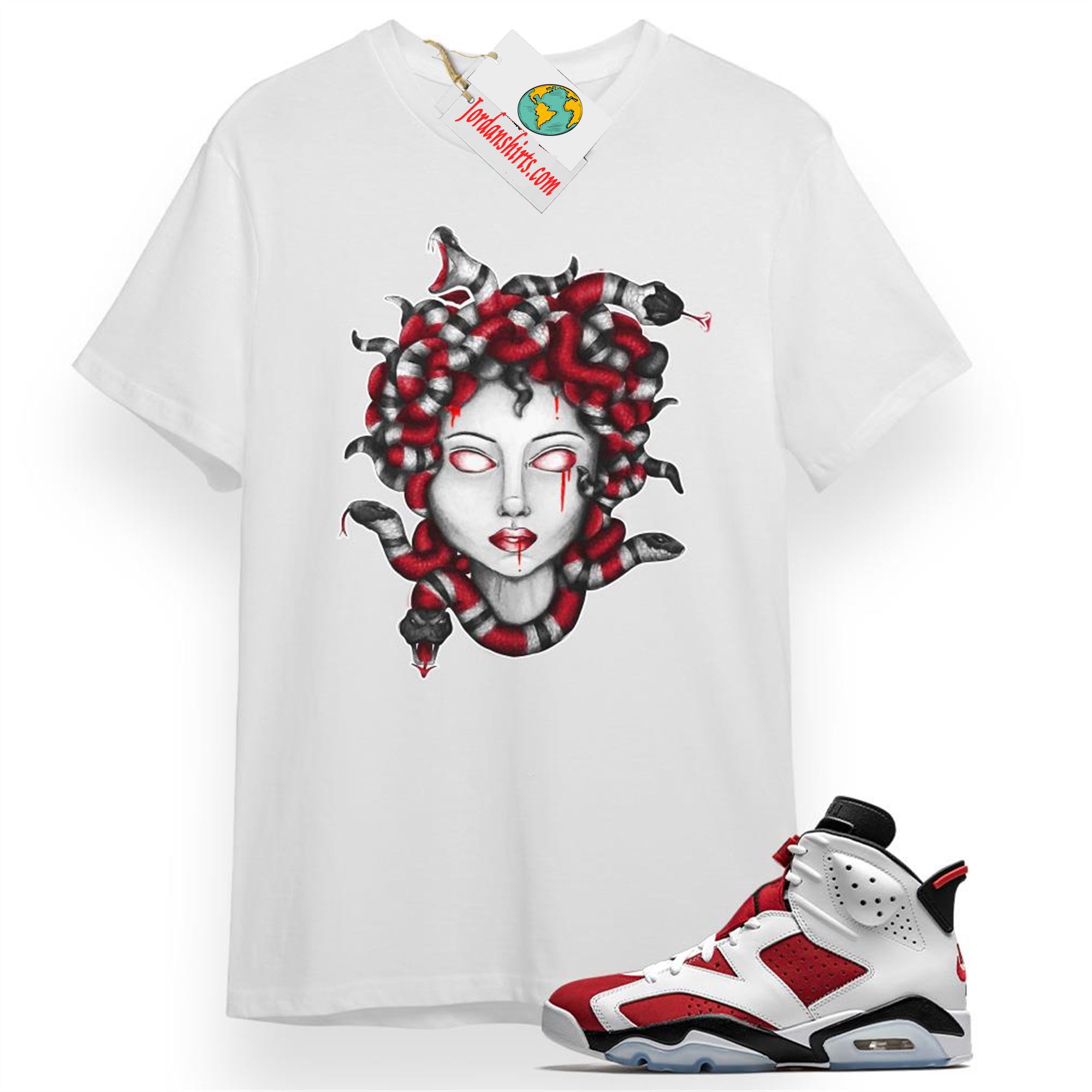Jordan 6 Shirt, Medusa Snake White T-shirt Air Jordan 6 Carmine 6s Plus Size Up To 5xl