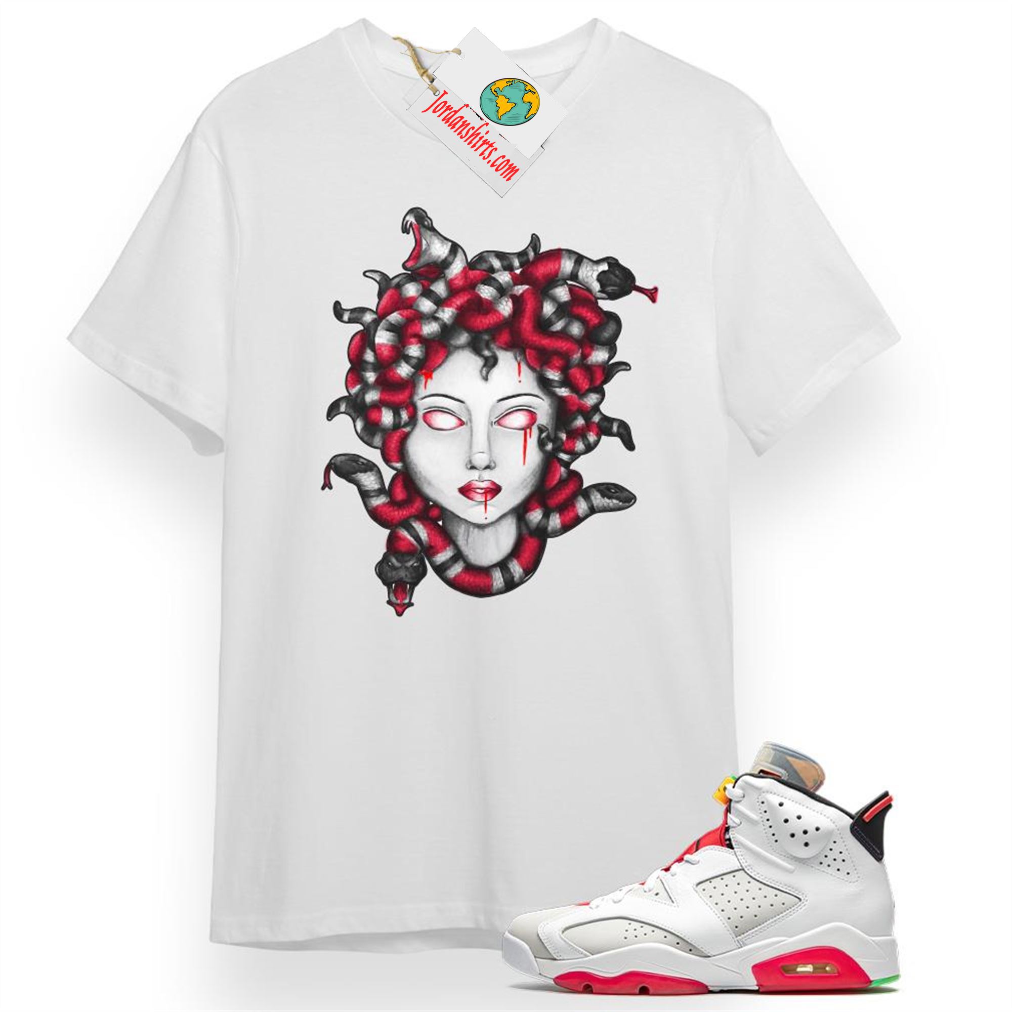 Jordan 6 Shirt, Medusa Snake White T-shirt Air Jordan 6 Hare 6s Plus Size Up To 5xl