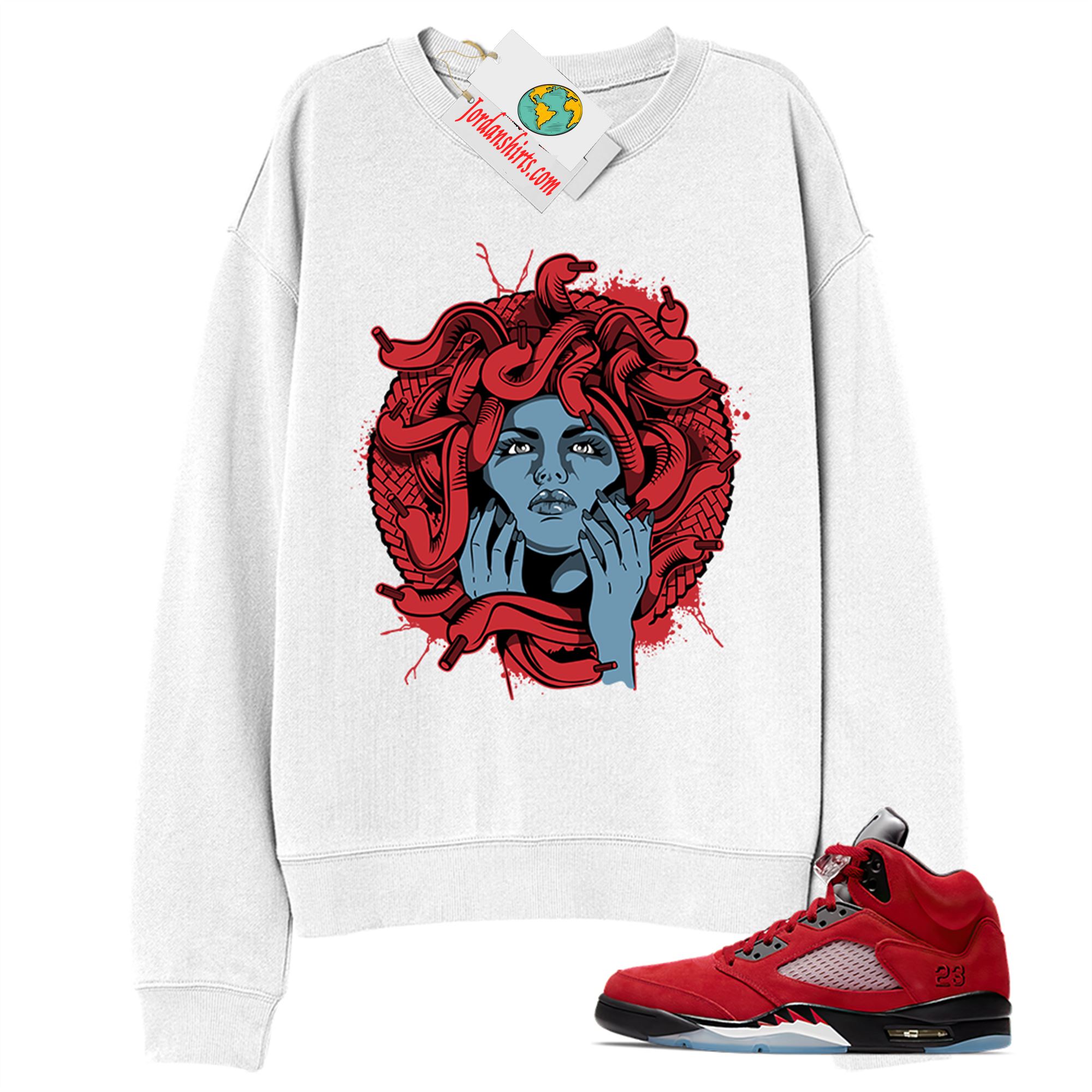 Jordan 5 Sweatshirt, Medusa White Sweatshirt Air Jordan 5 Raging Bull 5s Full Size Up To 5xl