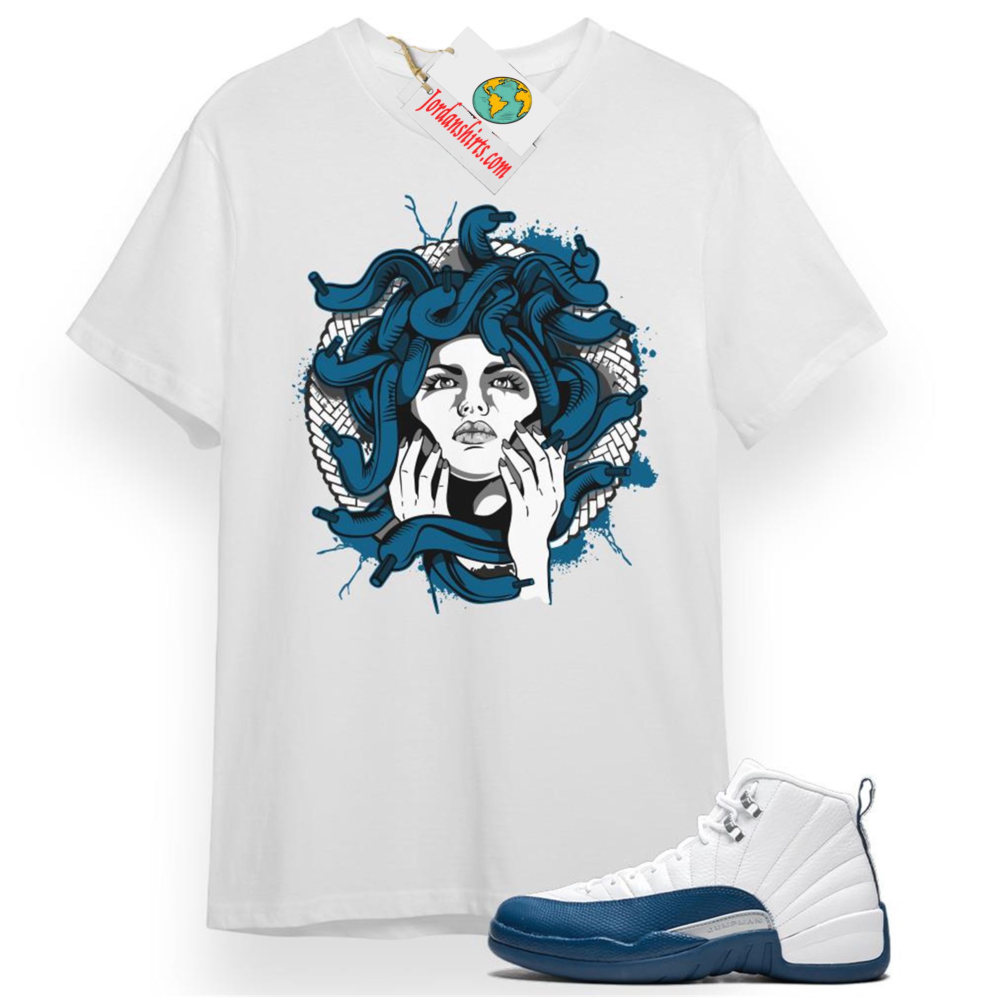 Jordan 12 Shirt, Medusa White T-shirt Air Jordan 12 French Blue 12s Size Up To 5xl