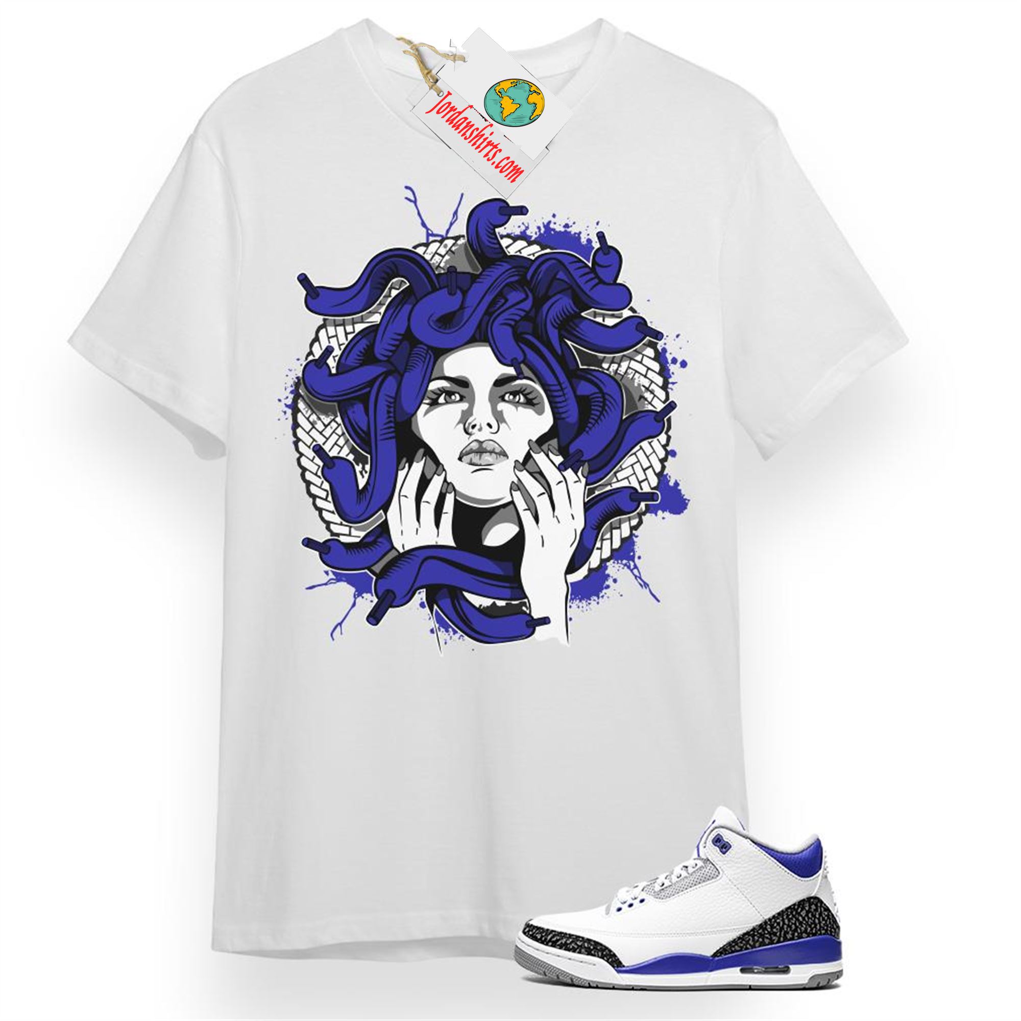 Jordan 3 Shirt, Medusa White T-shirt Air Jordan 3 Racer Blue 3s Plus Size Up To 5xl