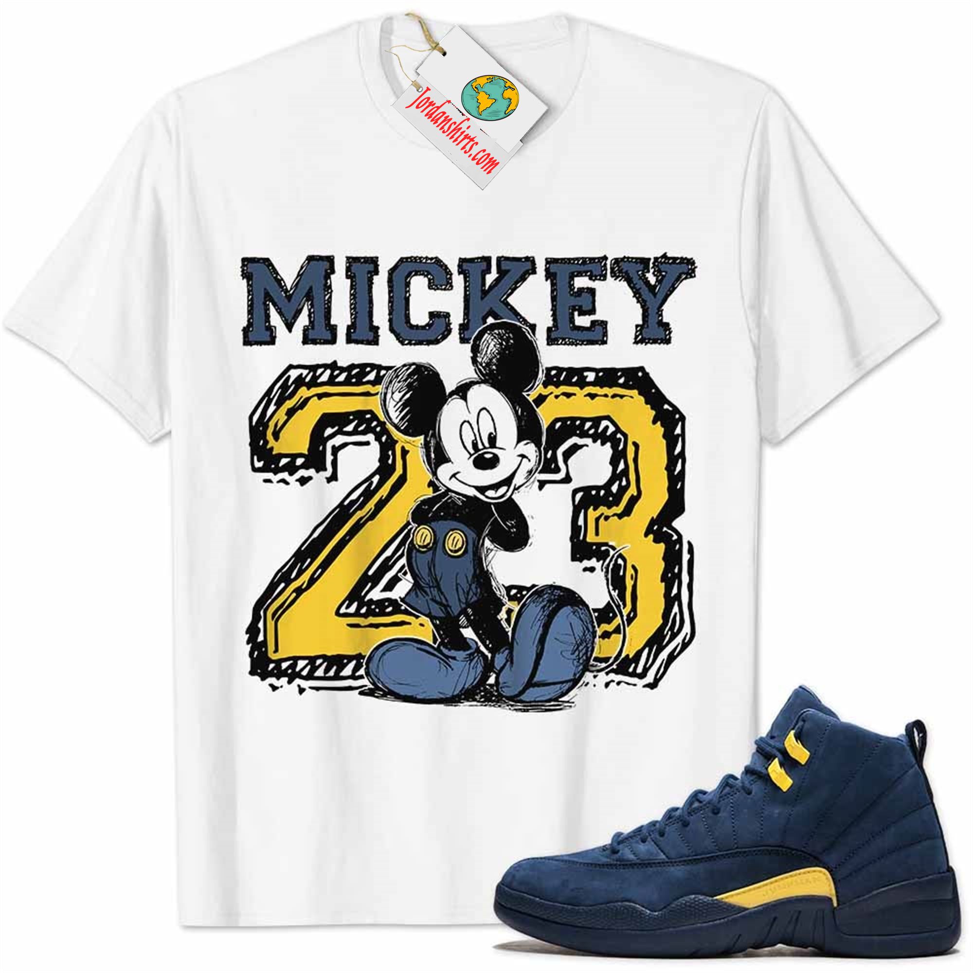 Jordan 12 Shirt, Michigan 12s Shirt Mickey 23 Michael Jordan Number Draw White Size Up To 5xl